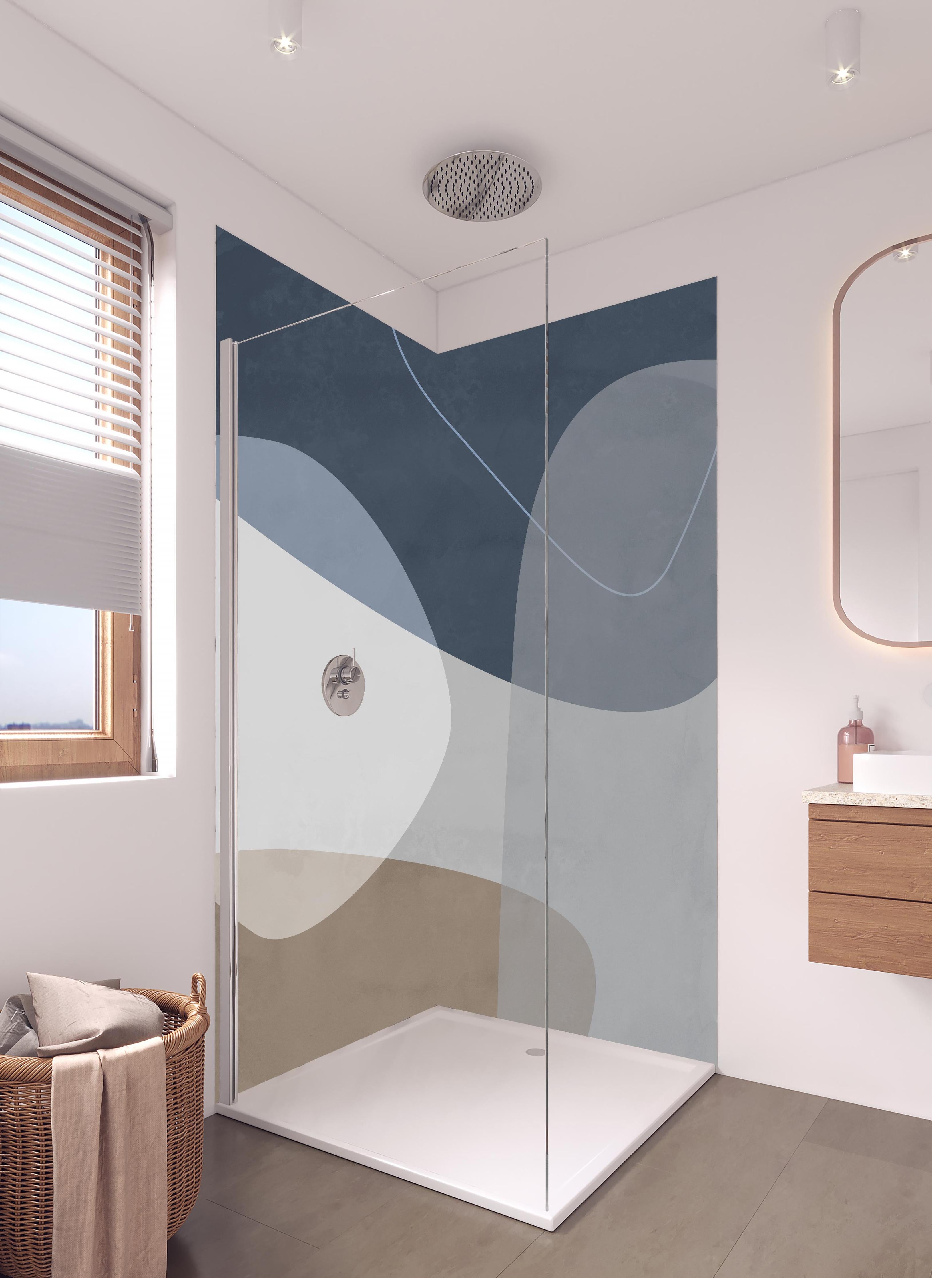 Duschrückwand - Moderne abstrakte Kunst in Pastelltönen in hellem Badezimmer mit Regenduschkopf - zweiteilige Eck-Duschrückwand