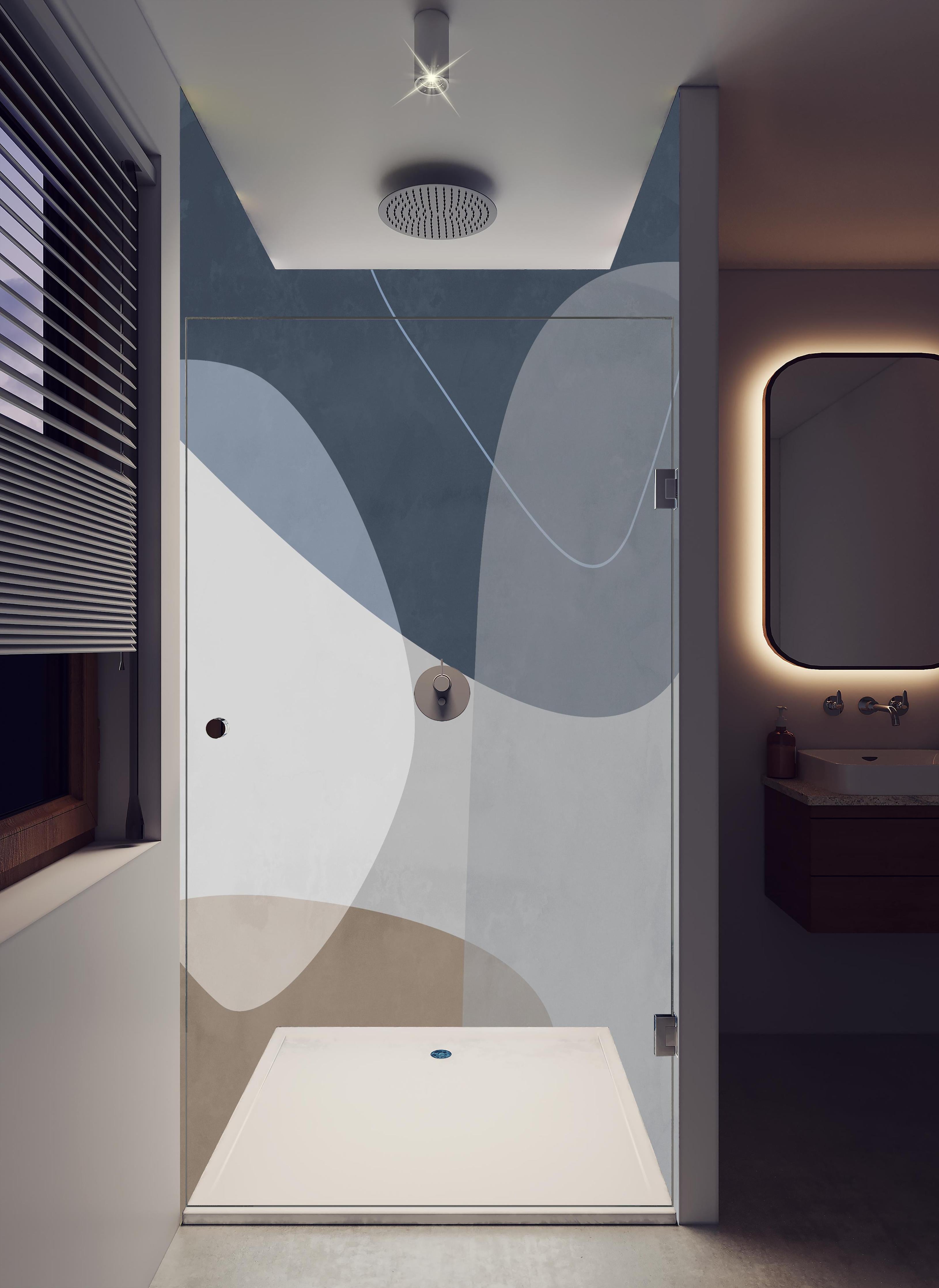 Duschrückwand - Moderne abstrakte Kunst in Pastelltönen in hellem Badezimmer mit Regenduschkopf - zweiteilige Eck-Duschrückwand