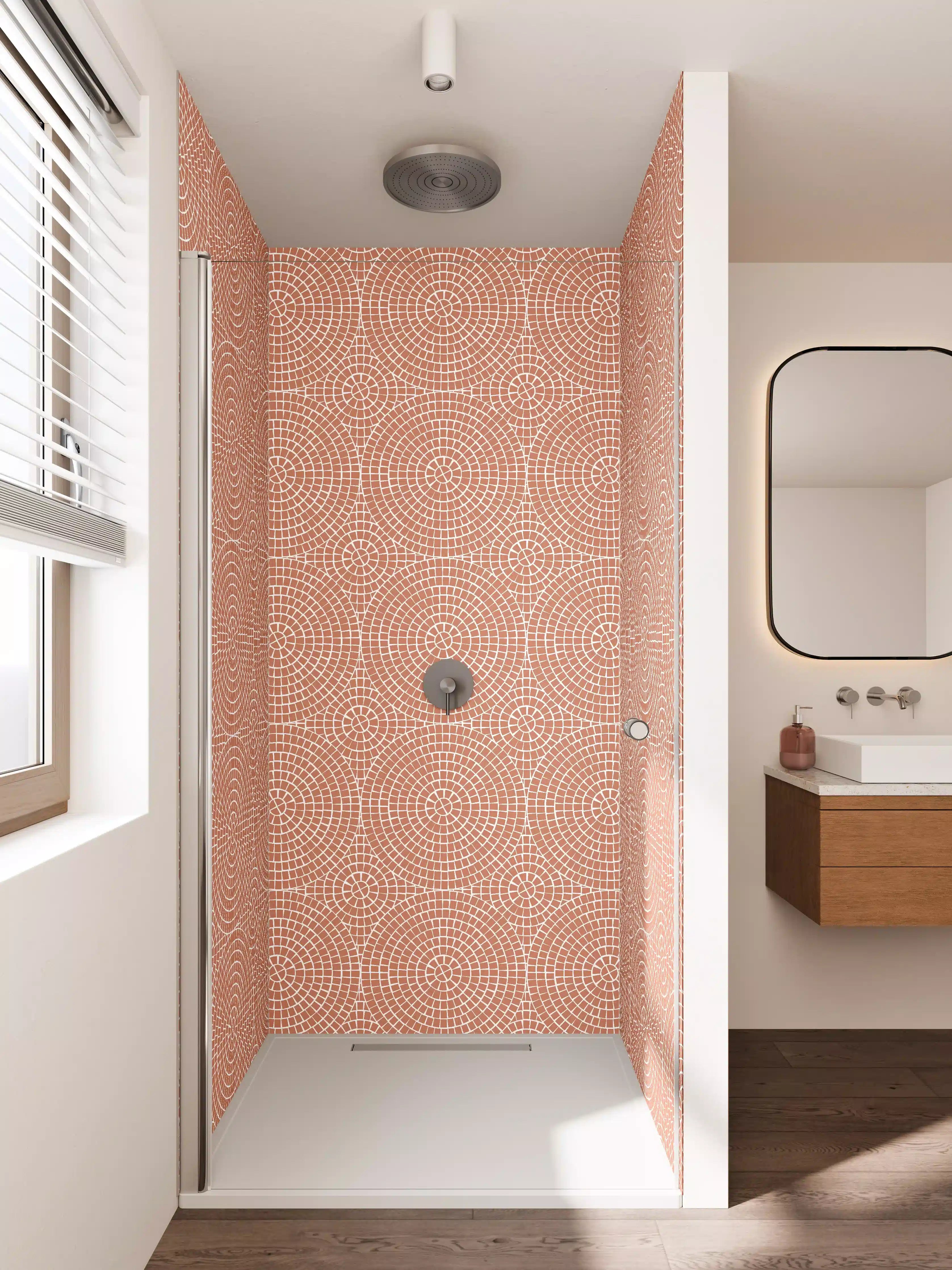 Duschrückwand - Moderne geometrische Muster in warmen Terrakotta-Tönen