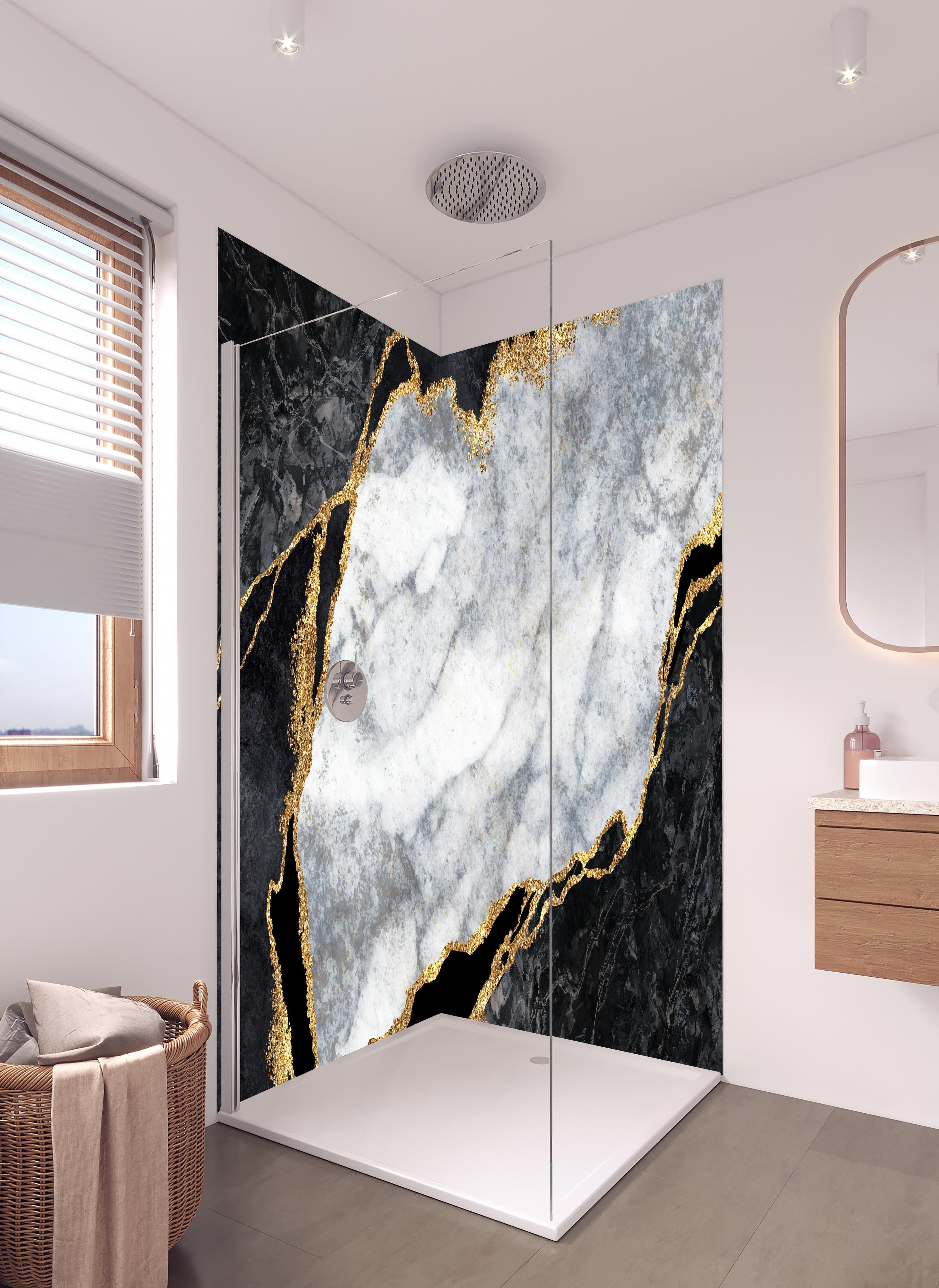 Duschrückwand - Moderne rissige Oberfläche in hellem Badezimmer mit Regenduschkopf - zweiteilige Eck-Duschrückwand