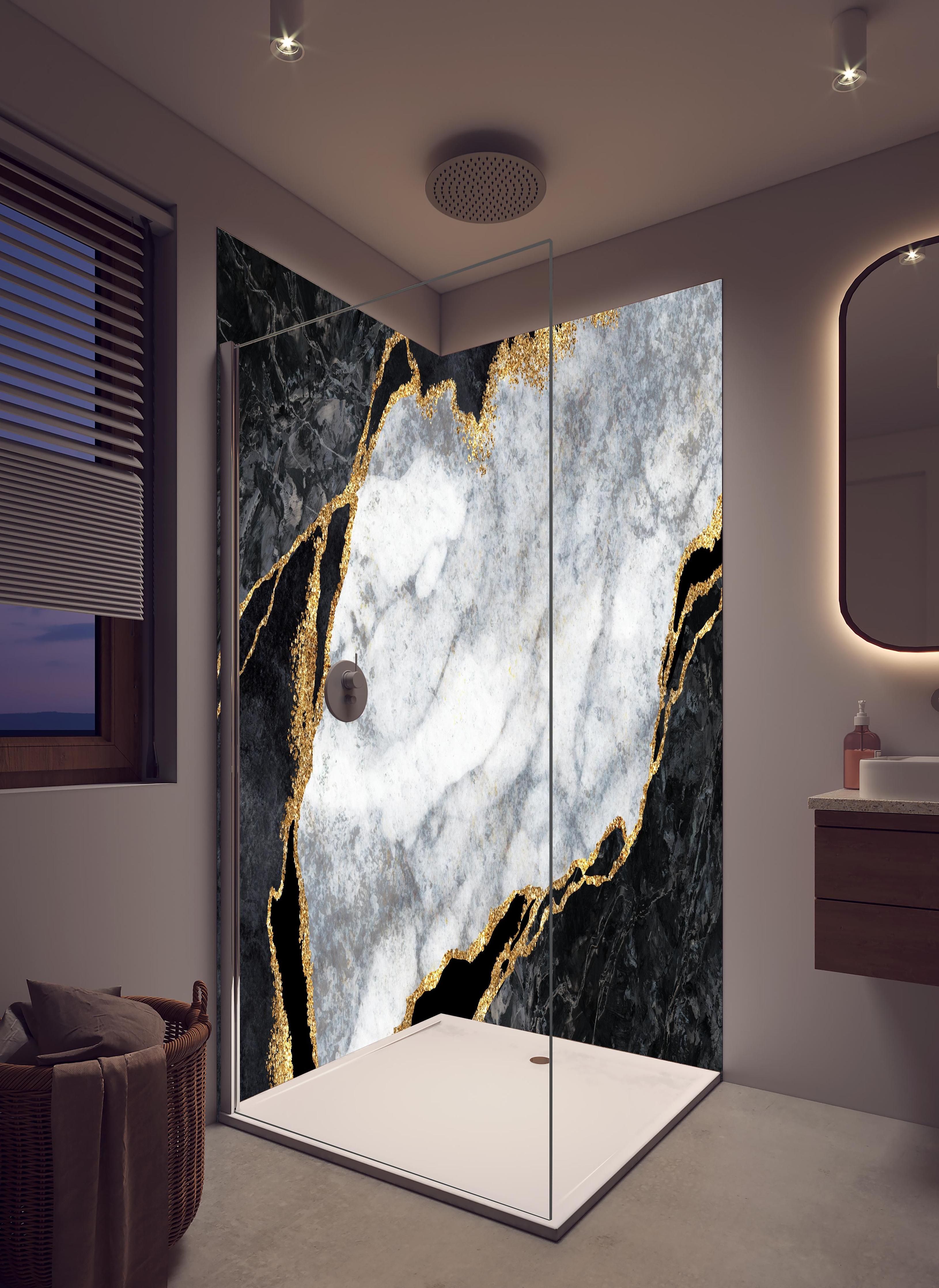 Duschrückwand - Moderne rissige Oberfläche in hellem Badezimmer mit Regenduschkopf - zweiteilige Eck-Duschrückwand