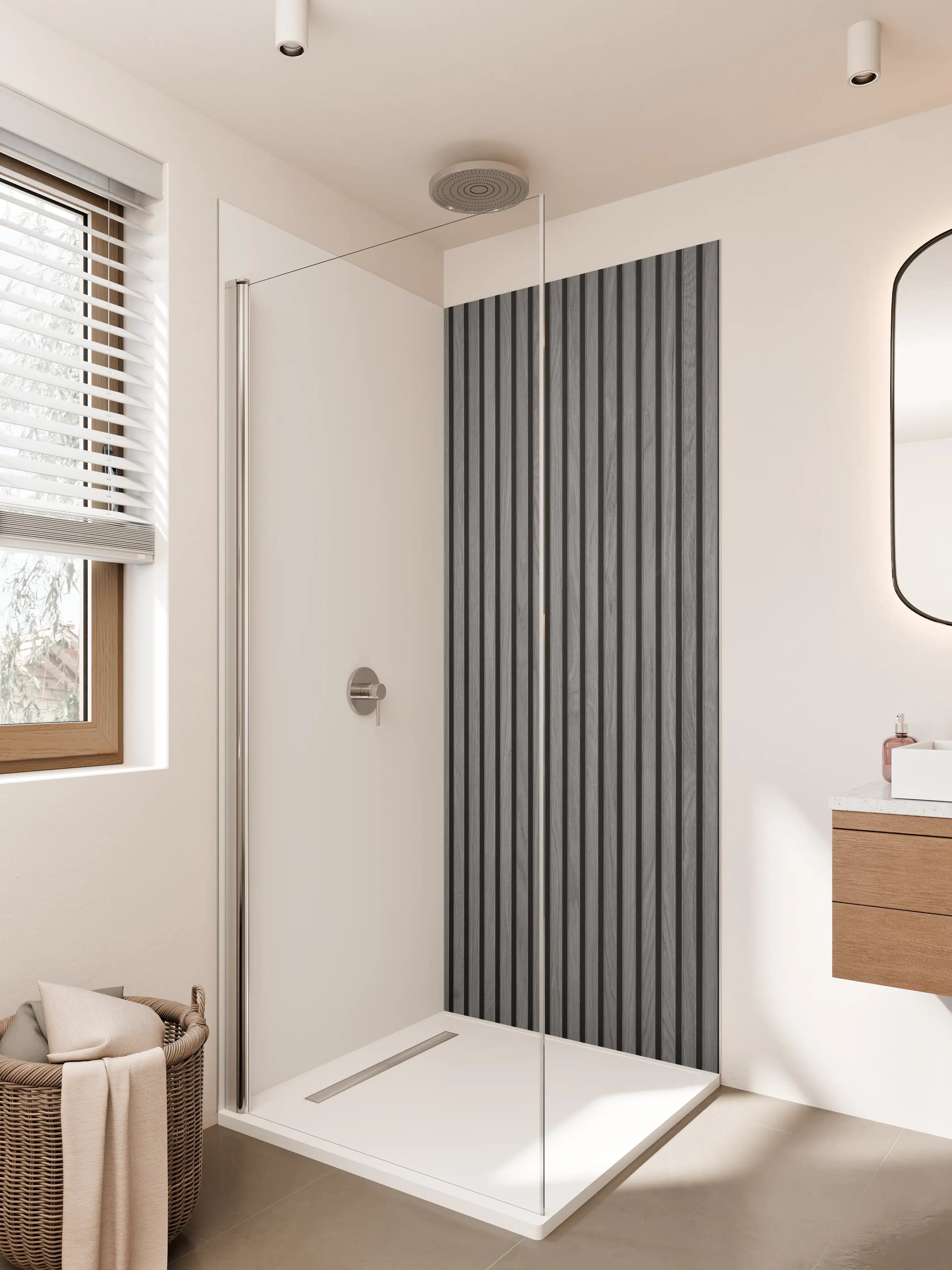 Duschrückwand - Moderne schwarze Holzvertäfelung mit vertikalen Linien
