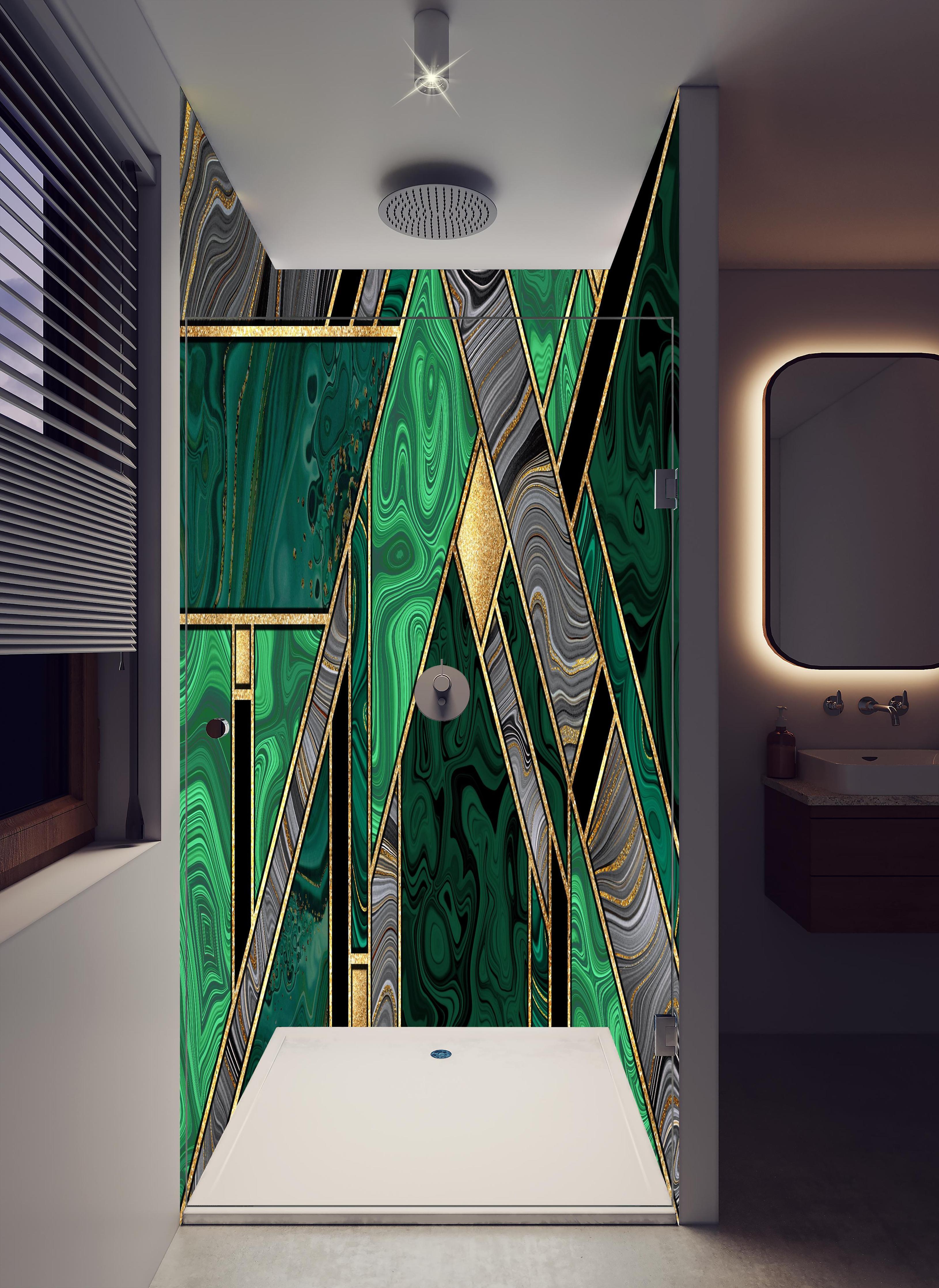 Duschrückwand - Modernes Art Deco Malachit und Gold Muster in hellem Badezimmer mit Regenduschkopf - zweiteilige Eck-Duschrückwand
