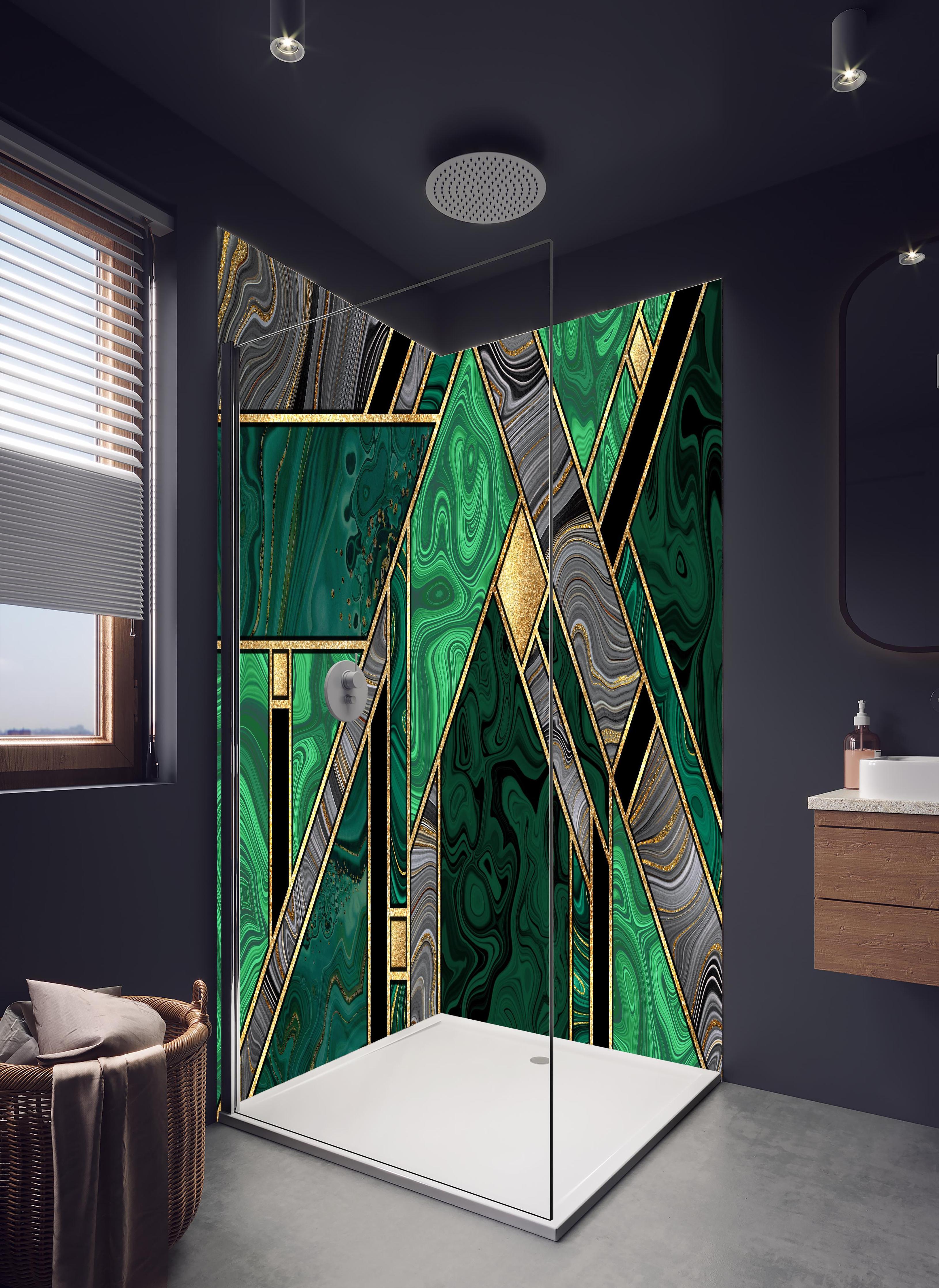 Duschrückwand - Modernes Art Deco Malachit und Gold Muster in hellem Badezimmer mit Regenduschkopf - zweiteilige Eck-Duschrückwand
