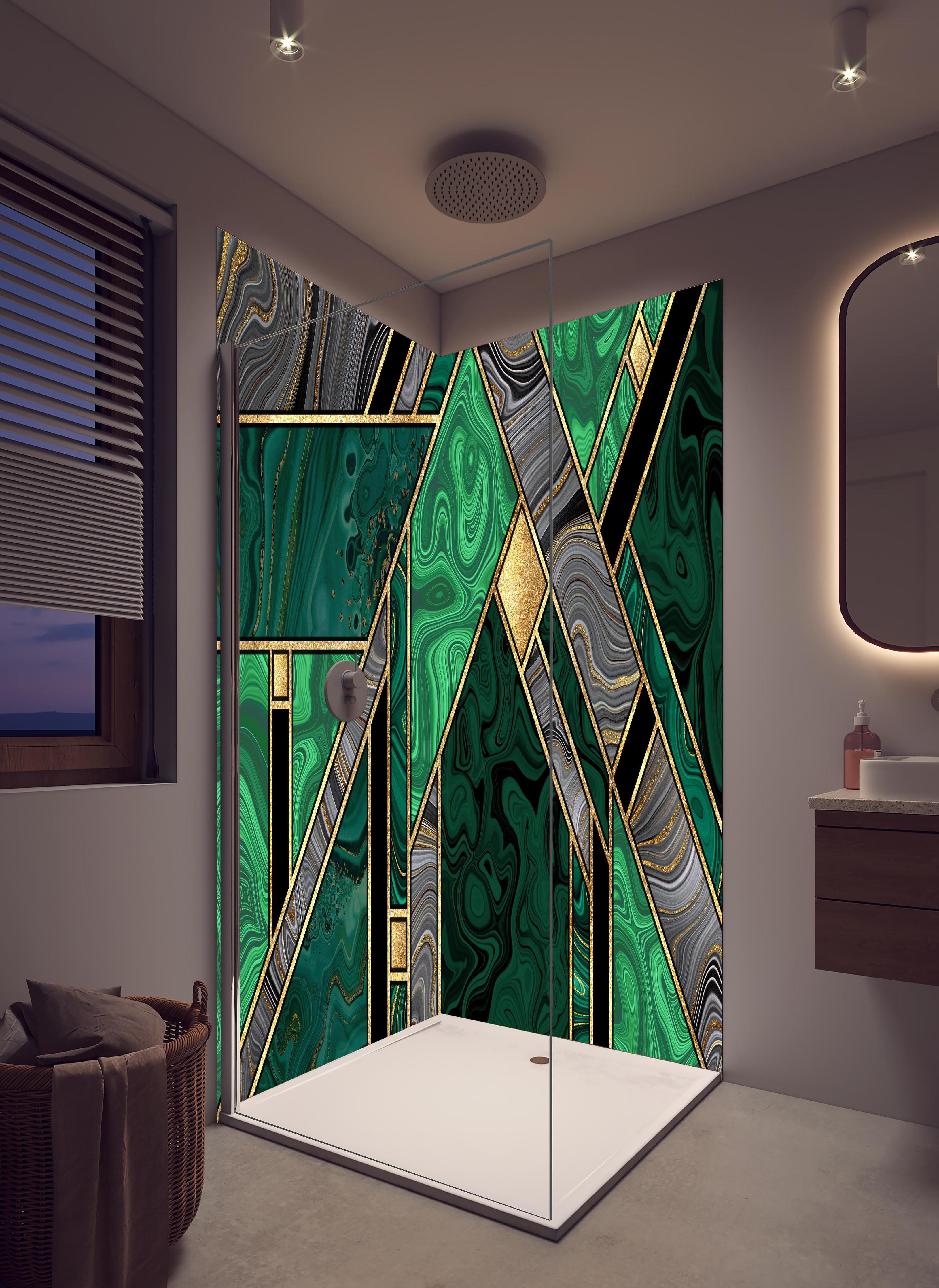 Duschrückwand - Modernes Art Deco Malachit und Gold Muster in hellem Badezimmer mit Regenduschkopf - zweiteilige Eck-Duschrückwand