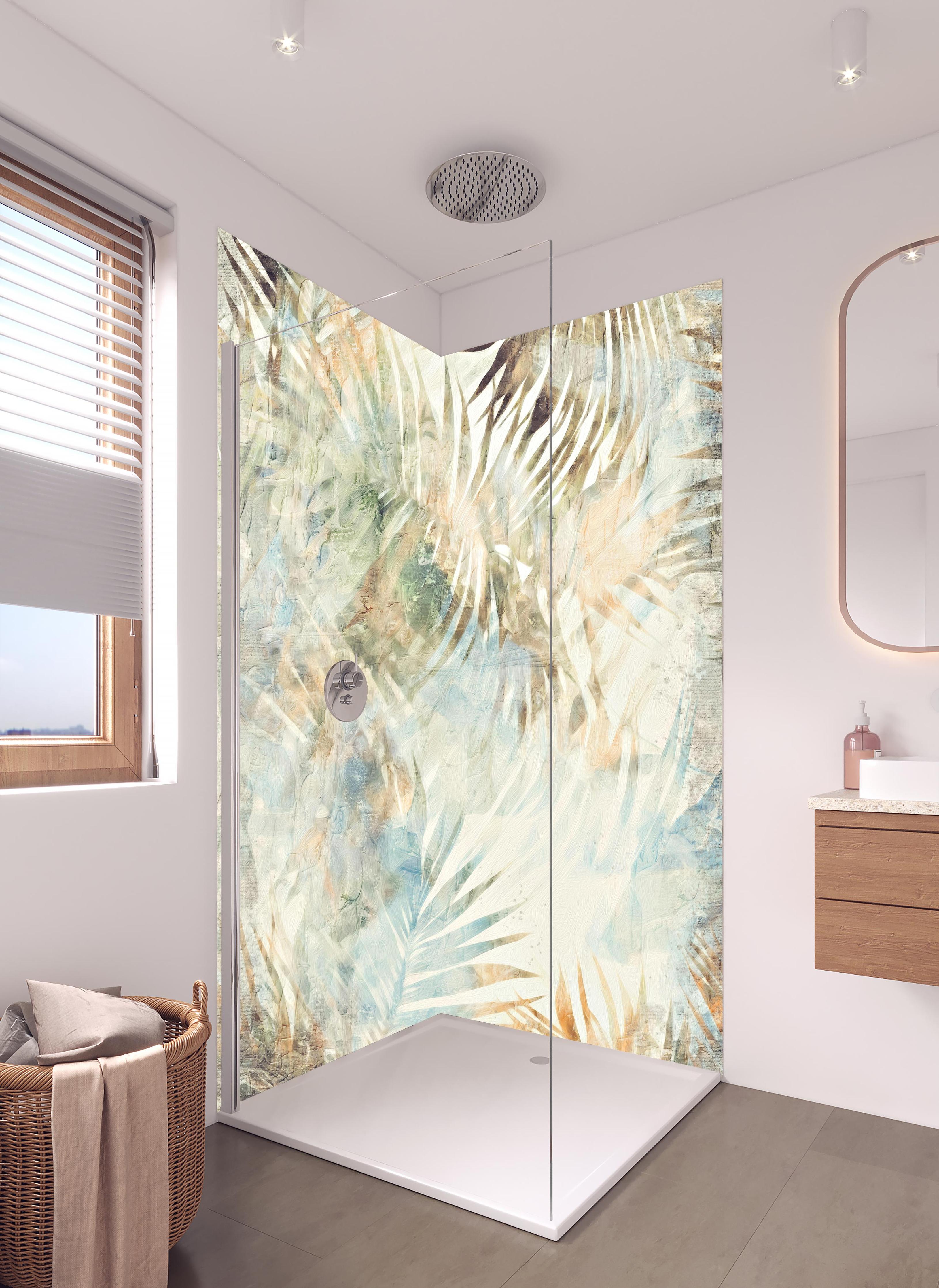 Duschrückwand - Modernes Dschungel Gemälde 2 in hellem Badezimmer mit Regenduschkopf - zweiteilige Eck-Duschrückwand