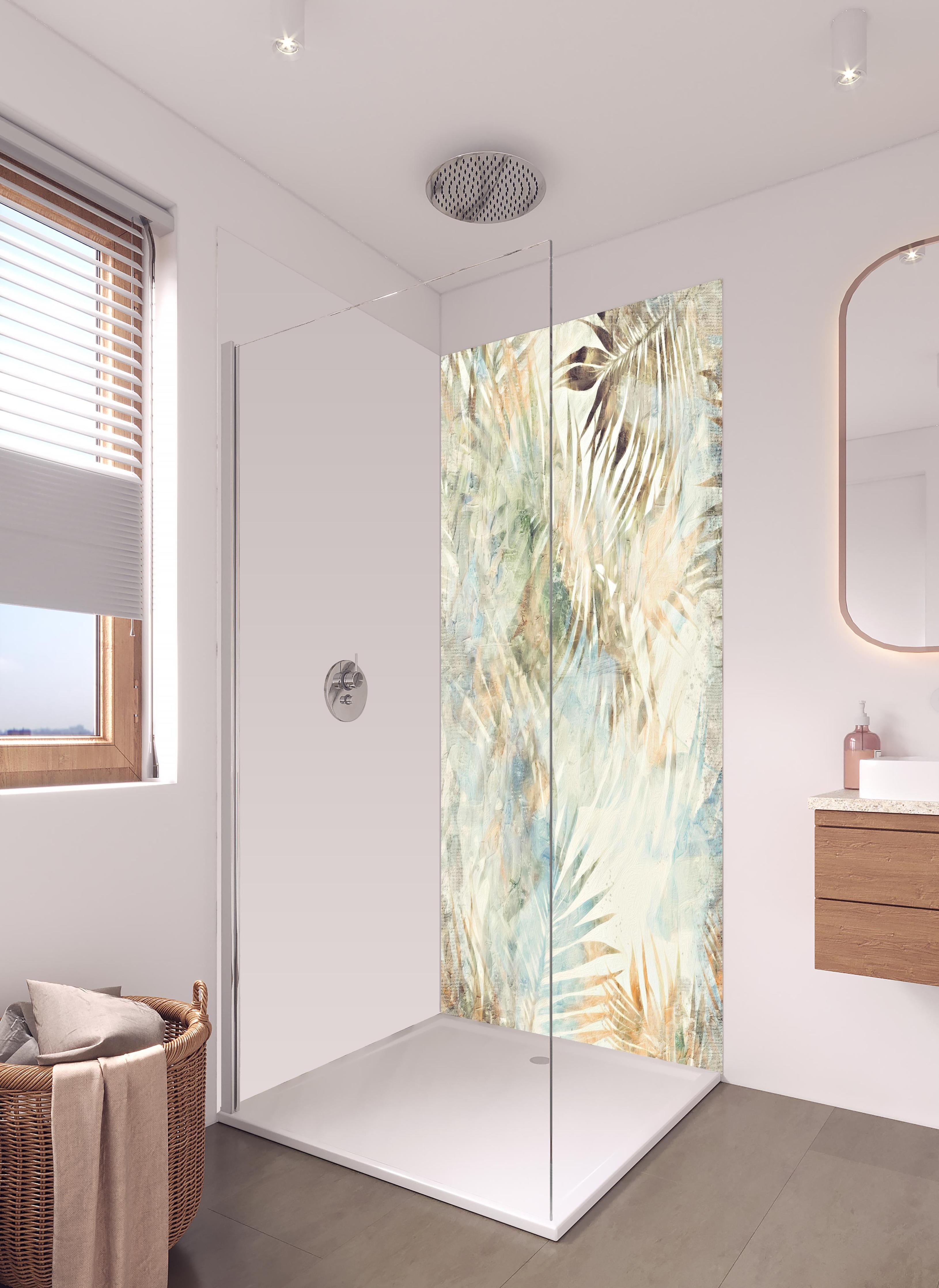 Duschrückwand - Modernes Dschungel Gemälde 2 in hellem Badezimmer mit Regenduschkopf - zweiteilige Eck-Duschrückwand