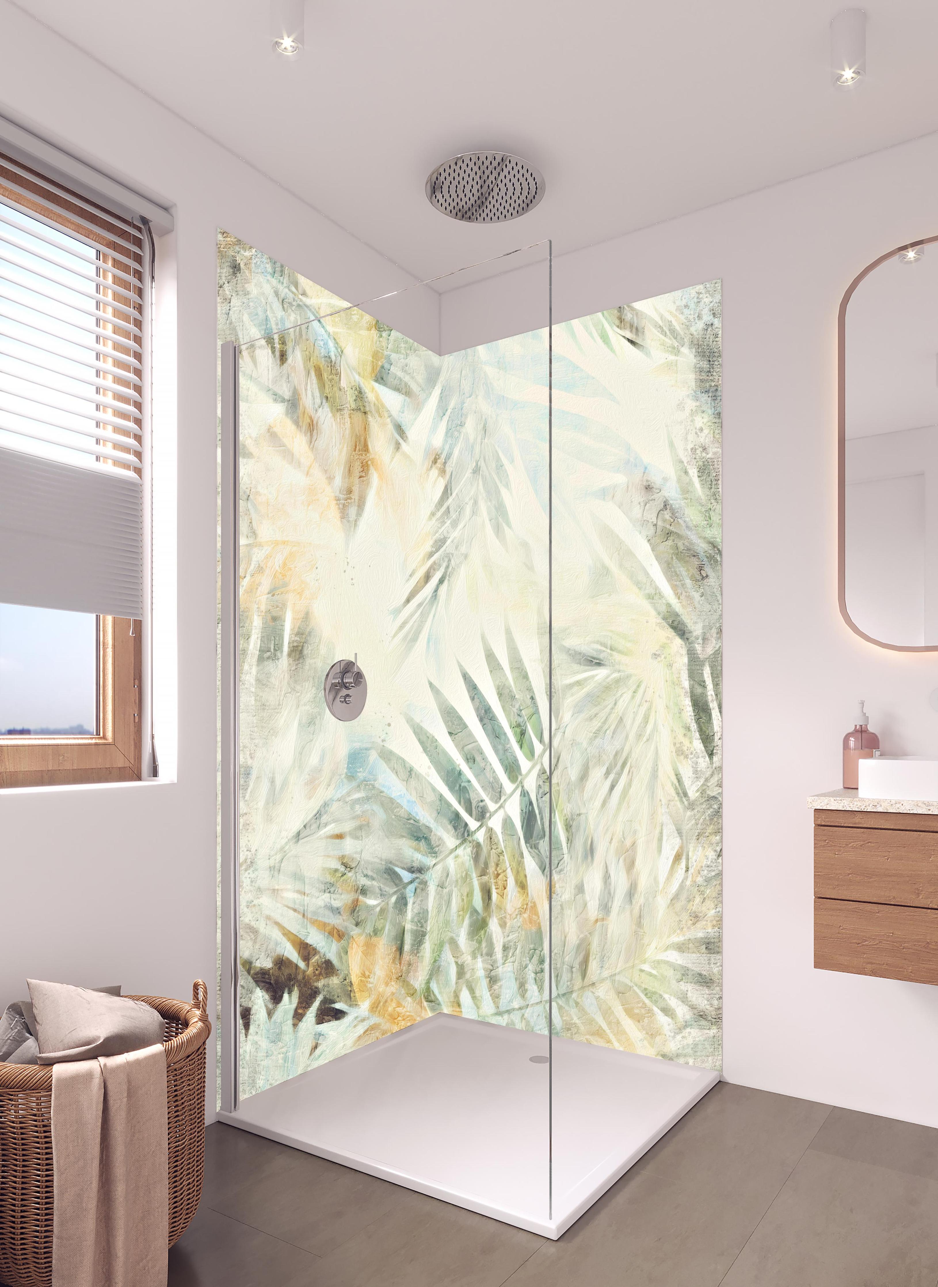 Duschrückwand - Modernes Dschungel Gemälde in hellem Badezimmer mit Regenduschkopf - zweiteilige Eck-Duschrückwand