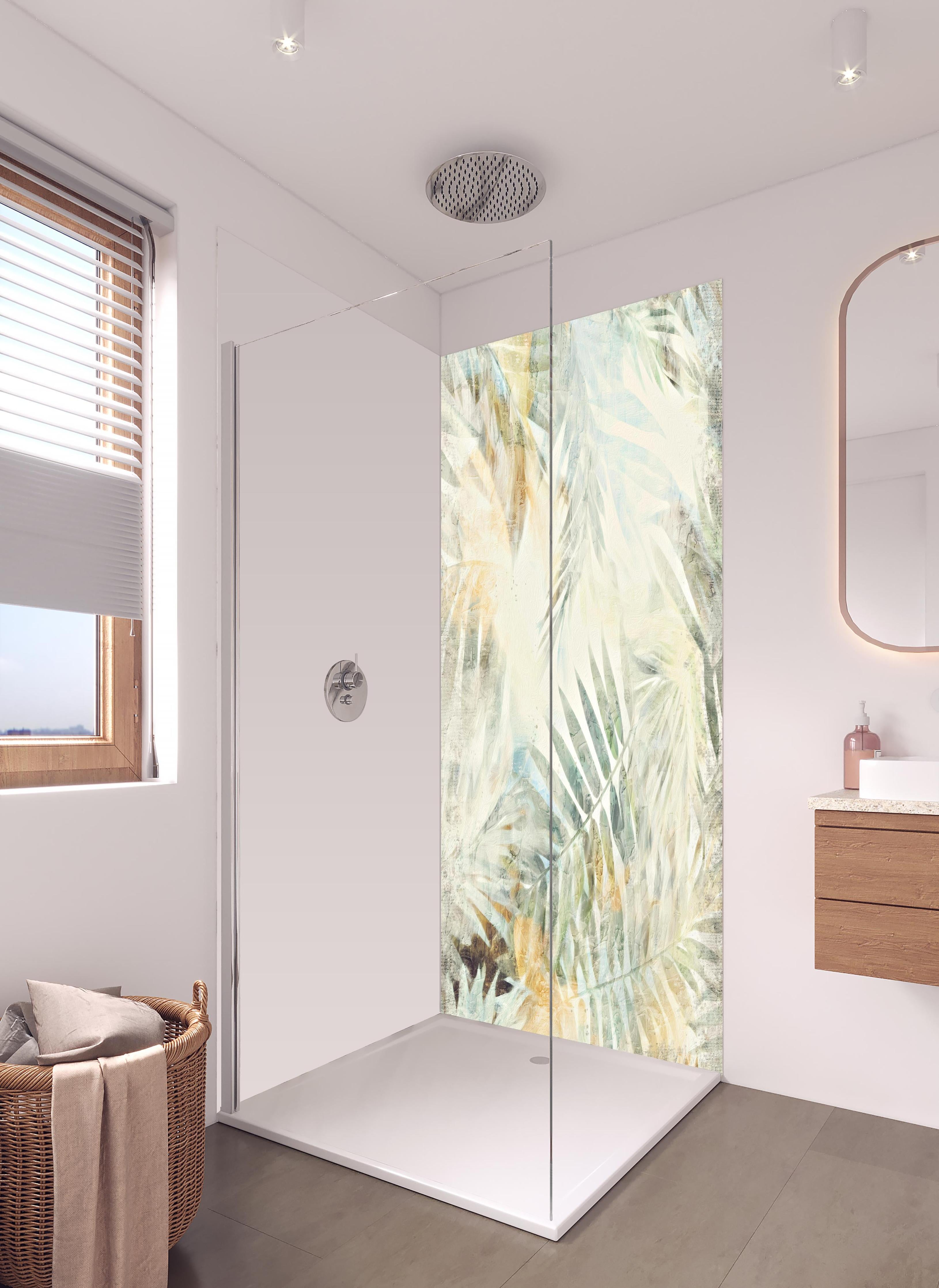 Duschrückwand - Modernes Dschungel Gemälde in hellem Badezimmer mit Regenduschkopf - zweiteilige Eck-Duschrückwand