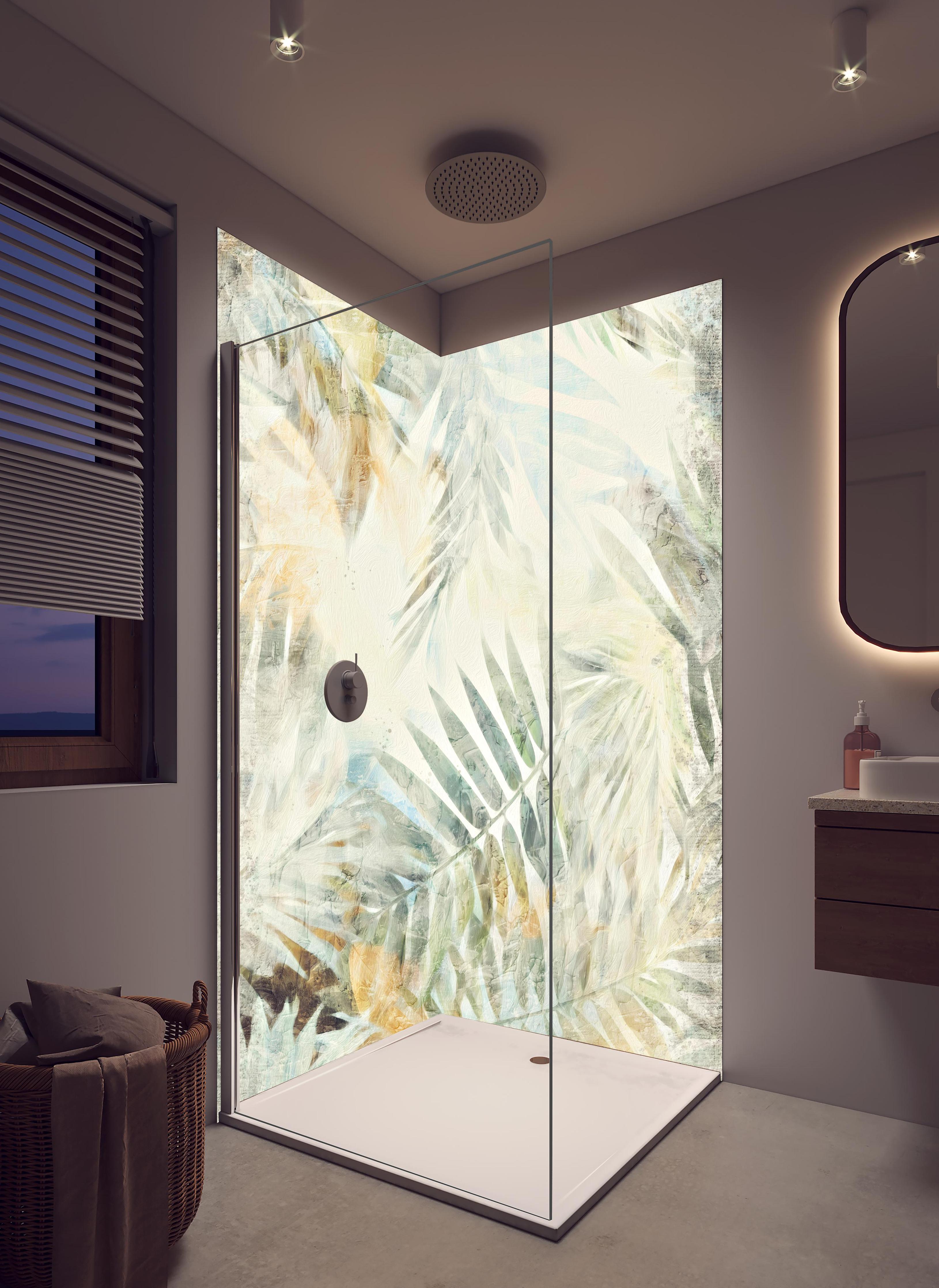 Duschrückwand - Modernes Dschungel Gemälde in hellem Badezimmer mit Regenduschkopf - zweiteilige Eck-Duschrückwand