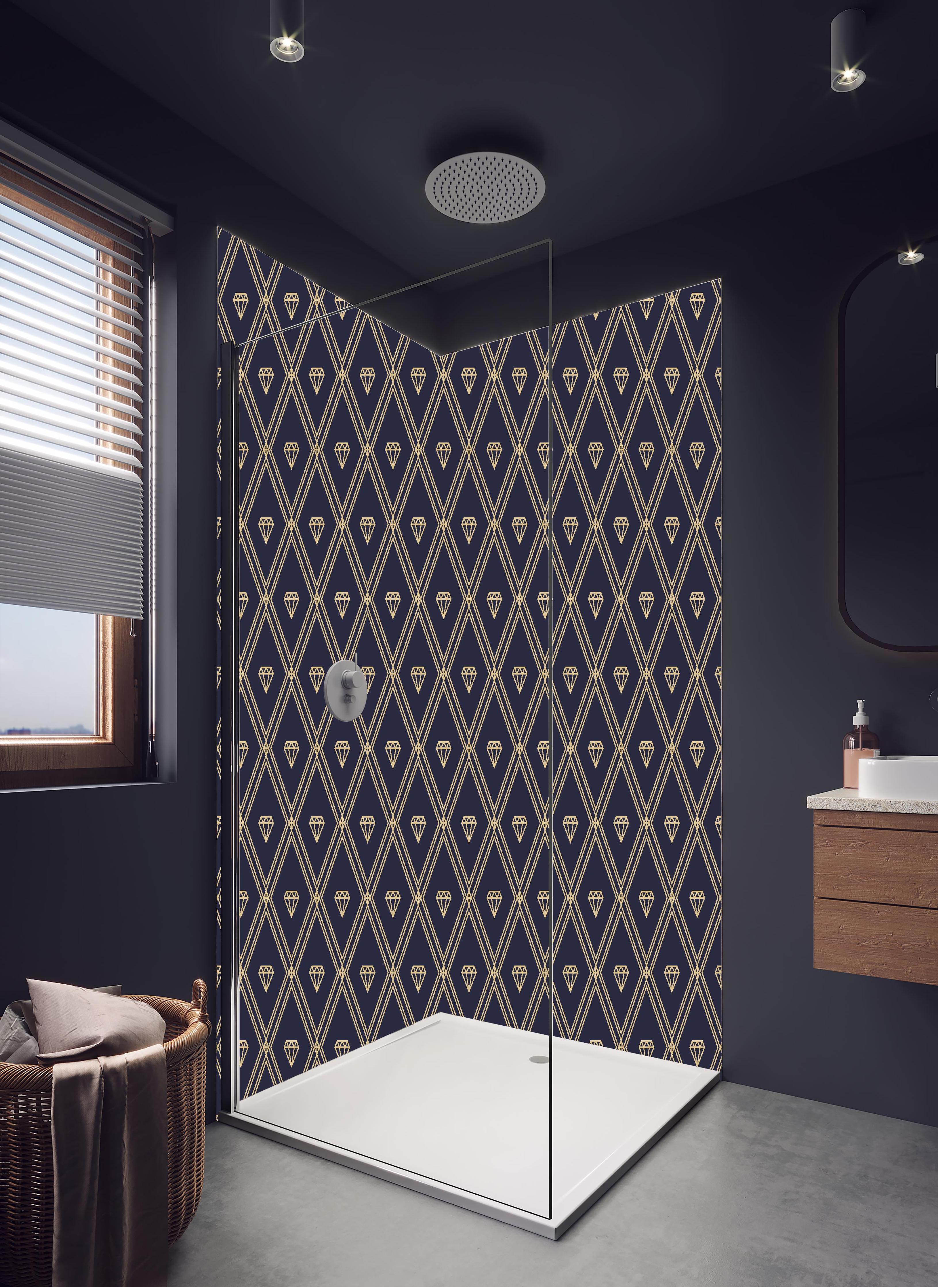 Duschrückwand - Modernes Dunkelblau Linien Diamantdesign in hellem Badezimmer mit Regenduschkopf - zweiteilige Eck-Duschrückwand