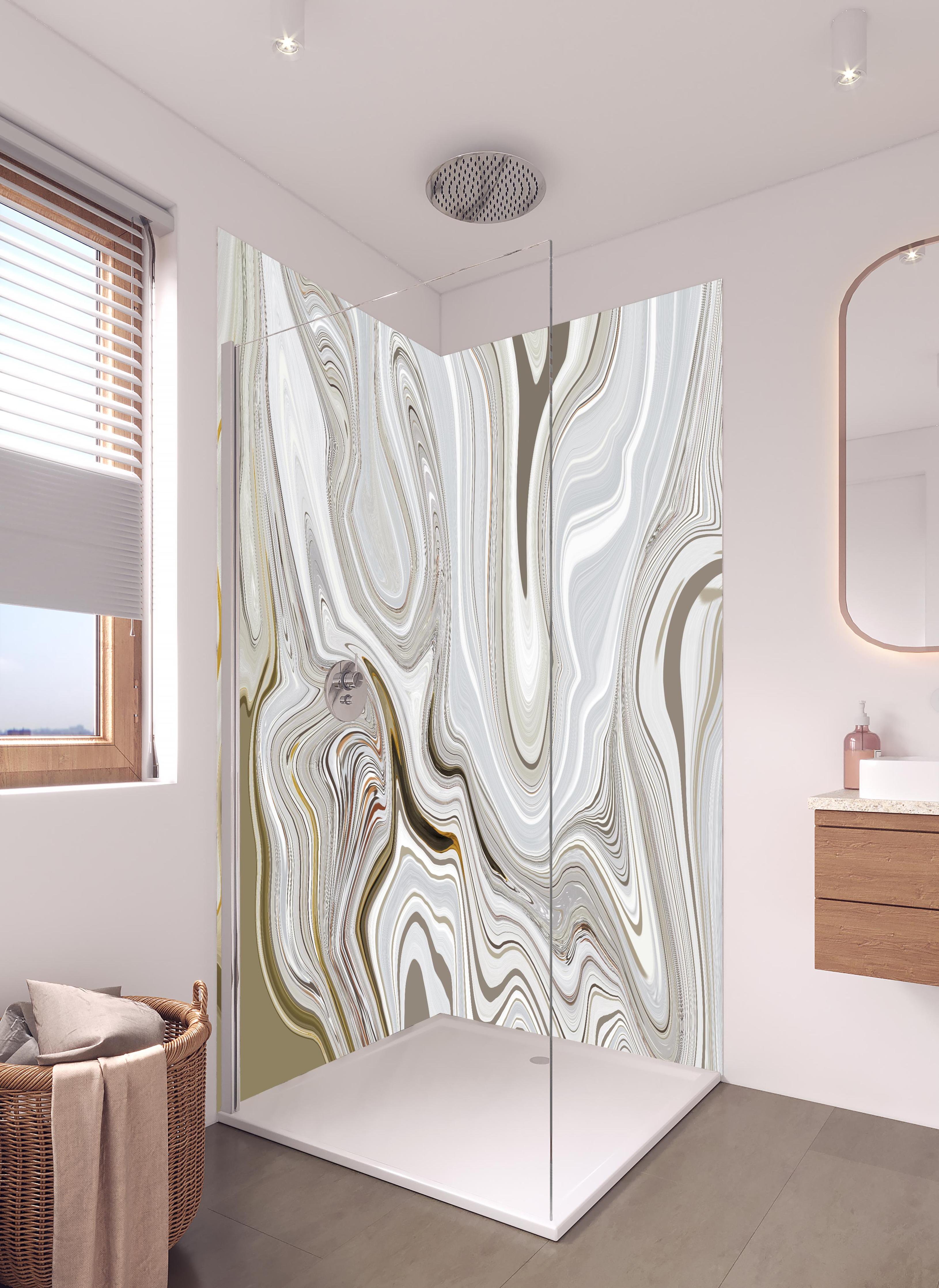 Duschrückwand - Modernes Kunstwerk - Flüssigkunst in hellem Badezimmer mit Regenduschkopf - zweiteilige Eck-Duschrückwand