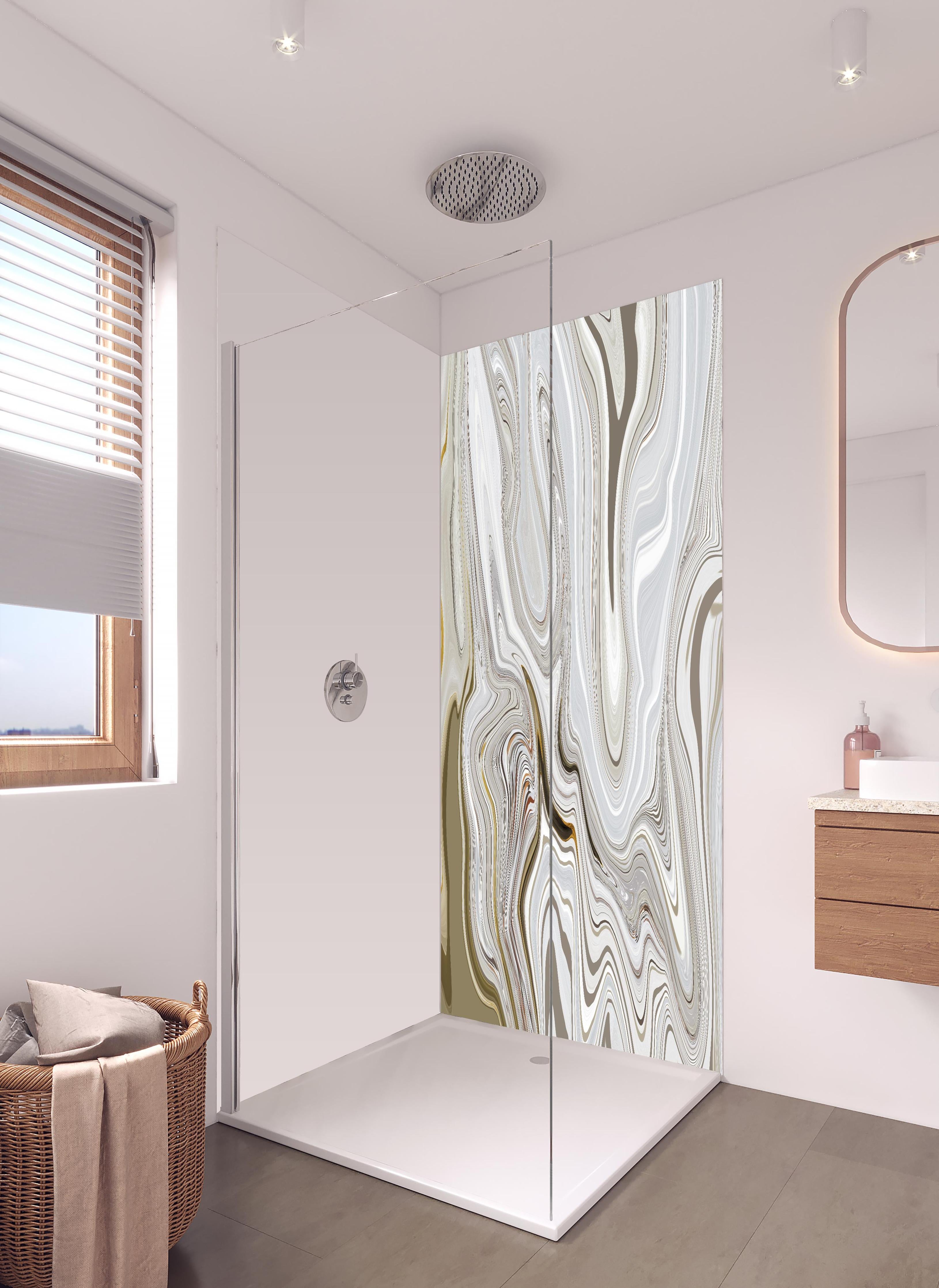 Duschrückwand - Modernes Kunstwerk - Flüssigkunst in hellem Badezimmer mit Regenduschkopf - zweiteilige Eck-Duschrückwand