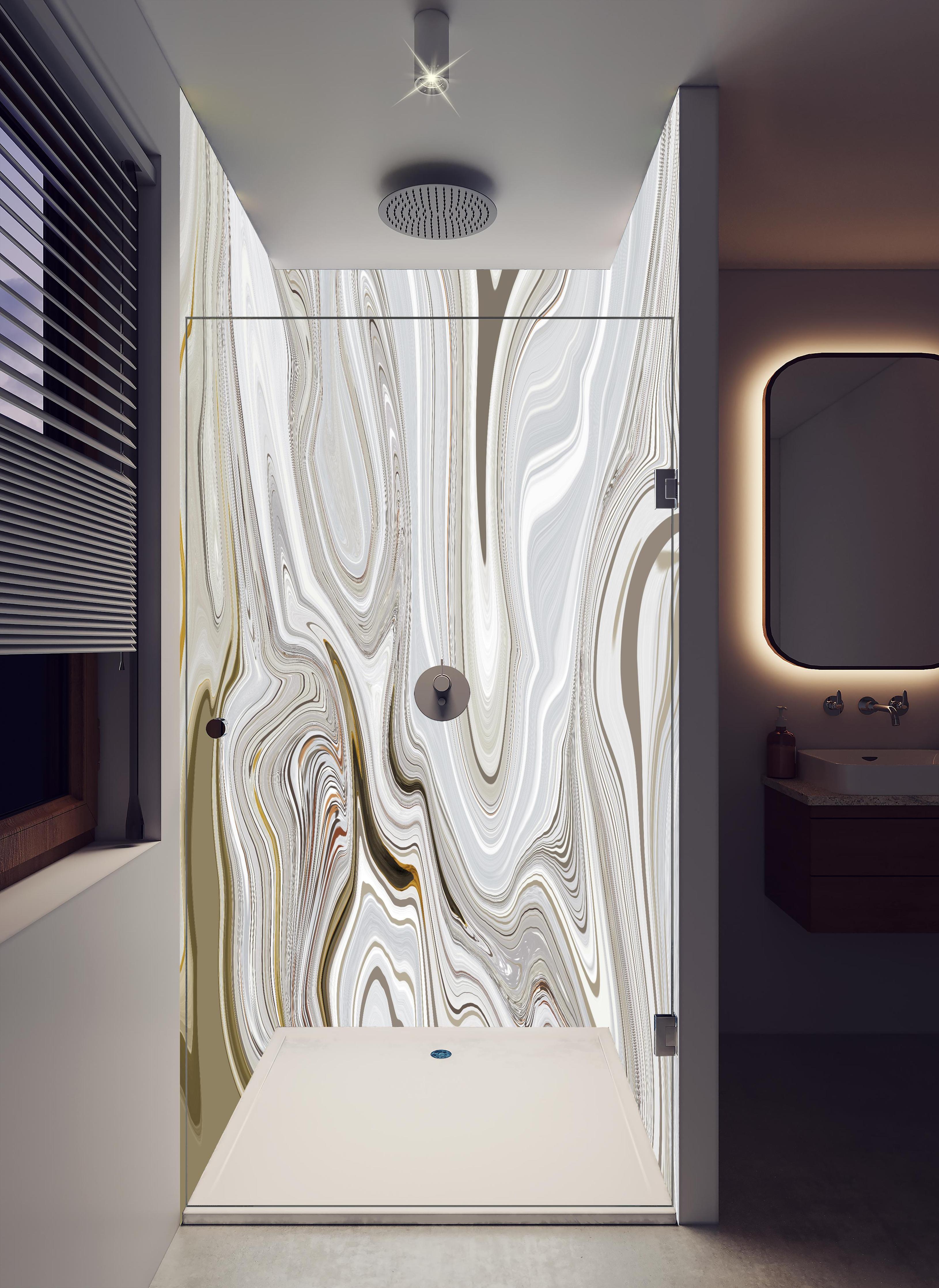 Duschrückwand - Modernes Kunstwerk - Flüssigkunst in hellem Badezimmer mit Regenduschkopf - zweiteilige Eck-Duschrückwand