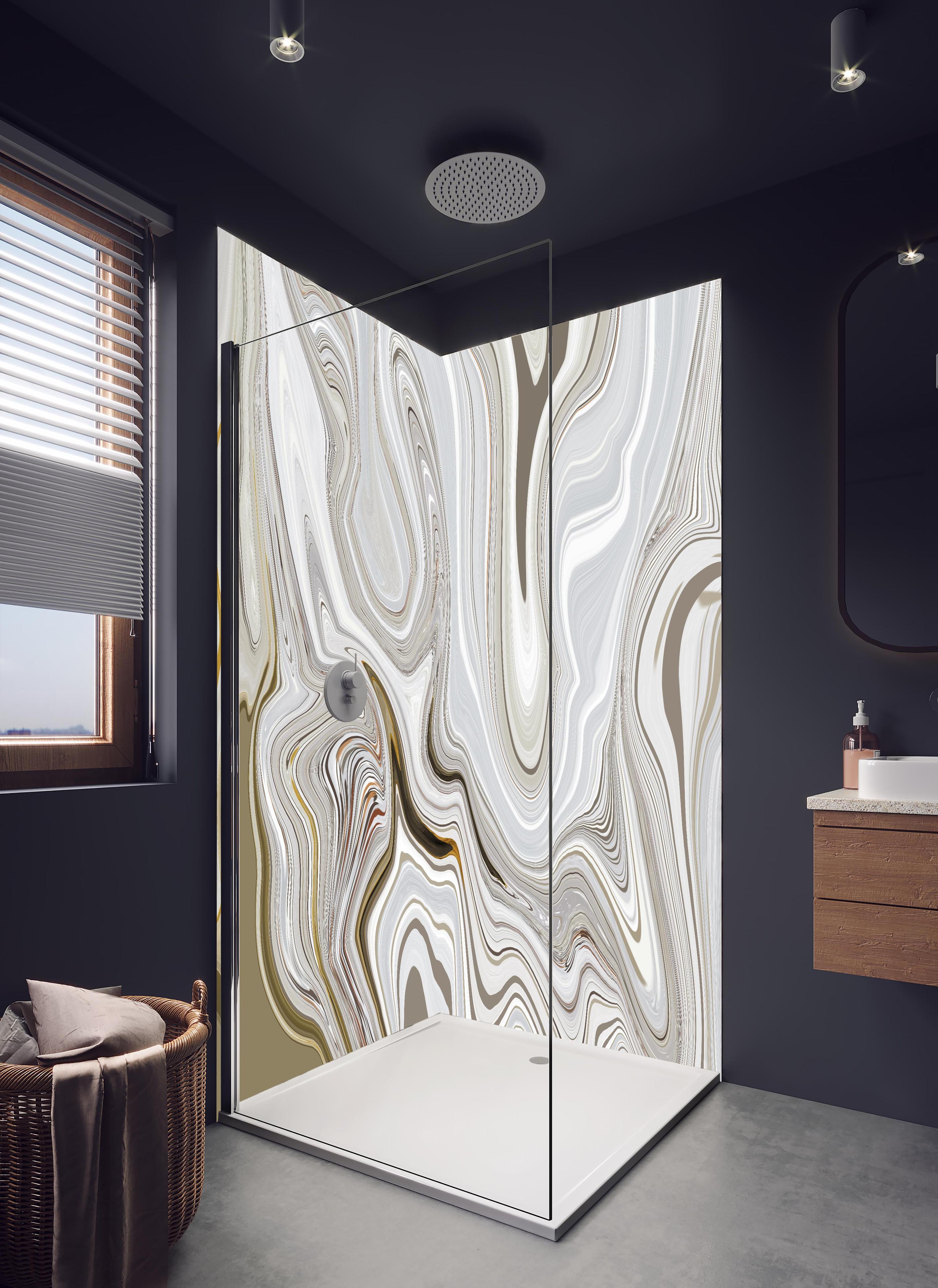 Duschrückwand - Modernes Kunstwerk - Flüssigkunst in hellem Badezimmer mit Regenduschkopf - zweiteilige Eck-Duschrückwand