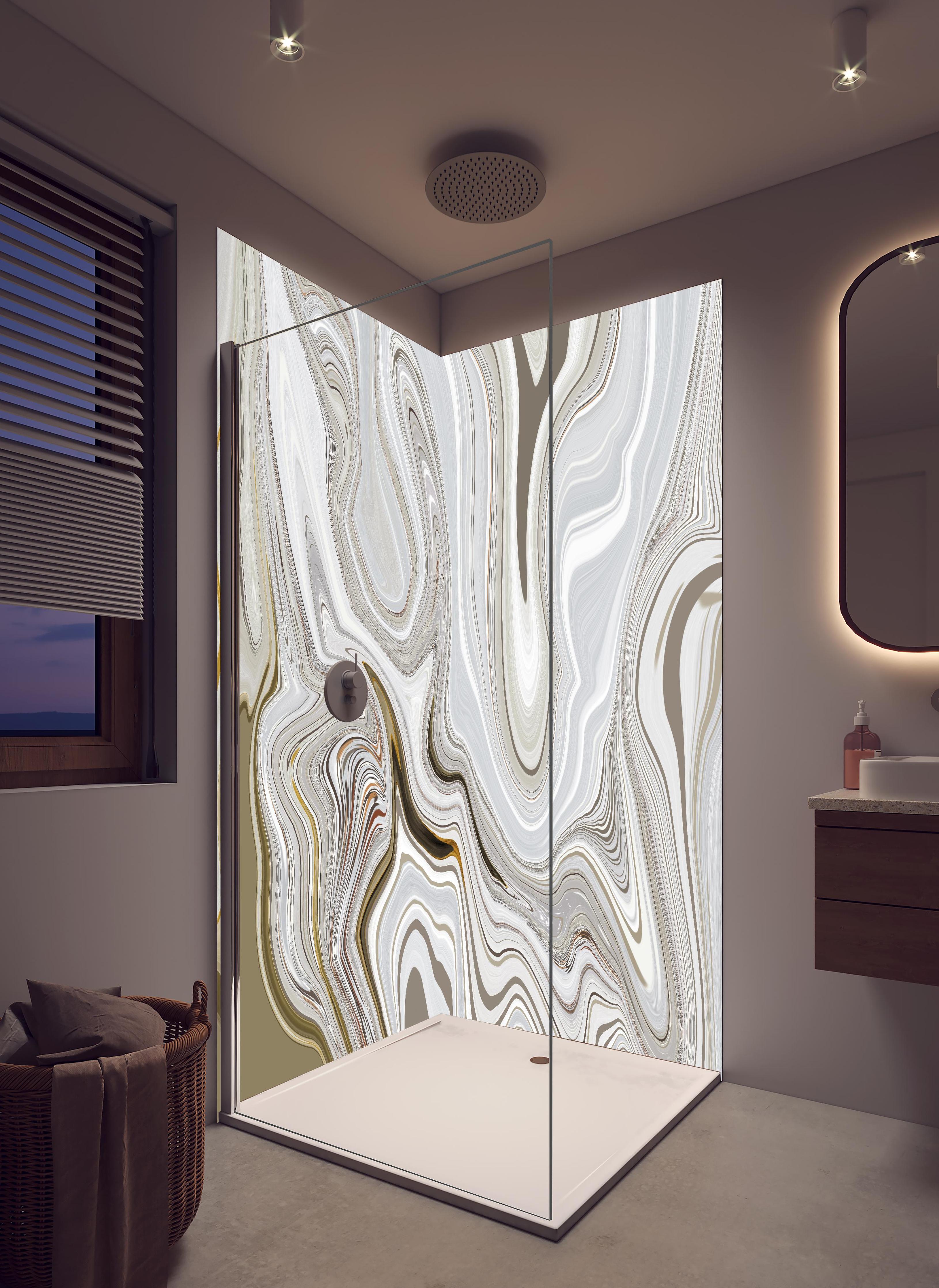 Duschrückwand - Modernes Kunstwerk - Flüssigkunst in hellem Badezimmer mit Regenduschkopf - zweiteilige Eck-Duschrückwand