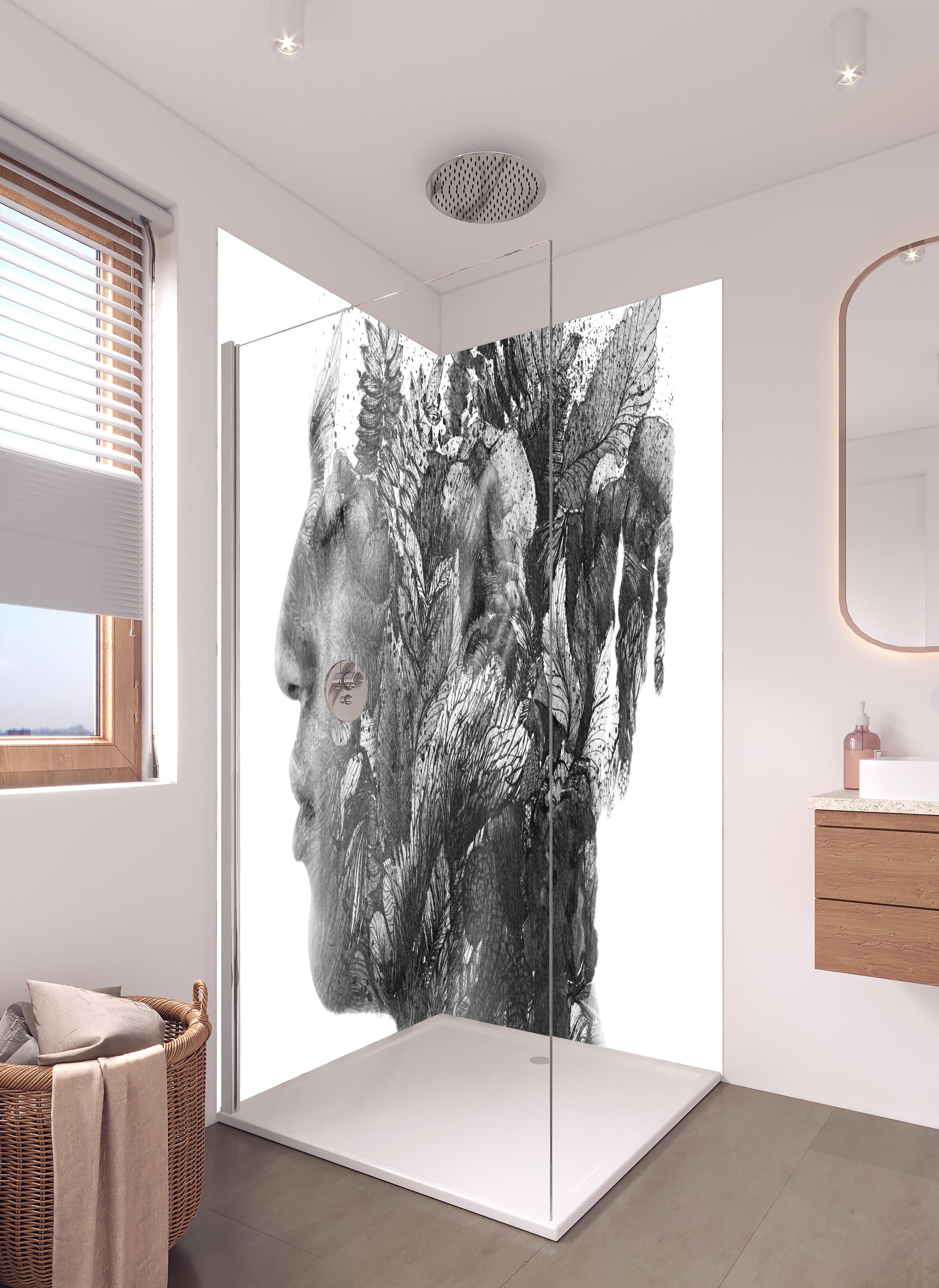 Duschrückwand - Modernes Portrait in schwarz - weiß in hellem Badezimmer mit Regenduschkopf - zweiteilige Eck-Duschrückwand
