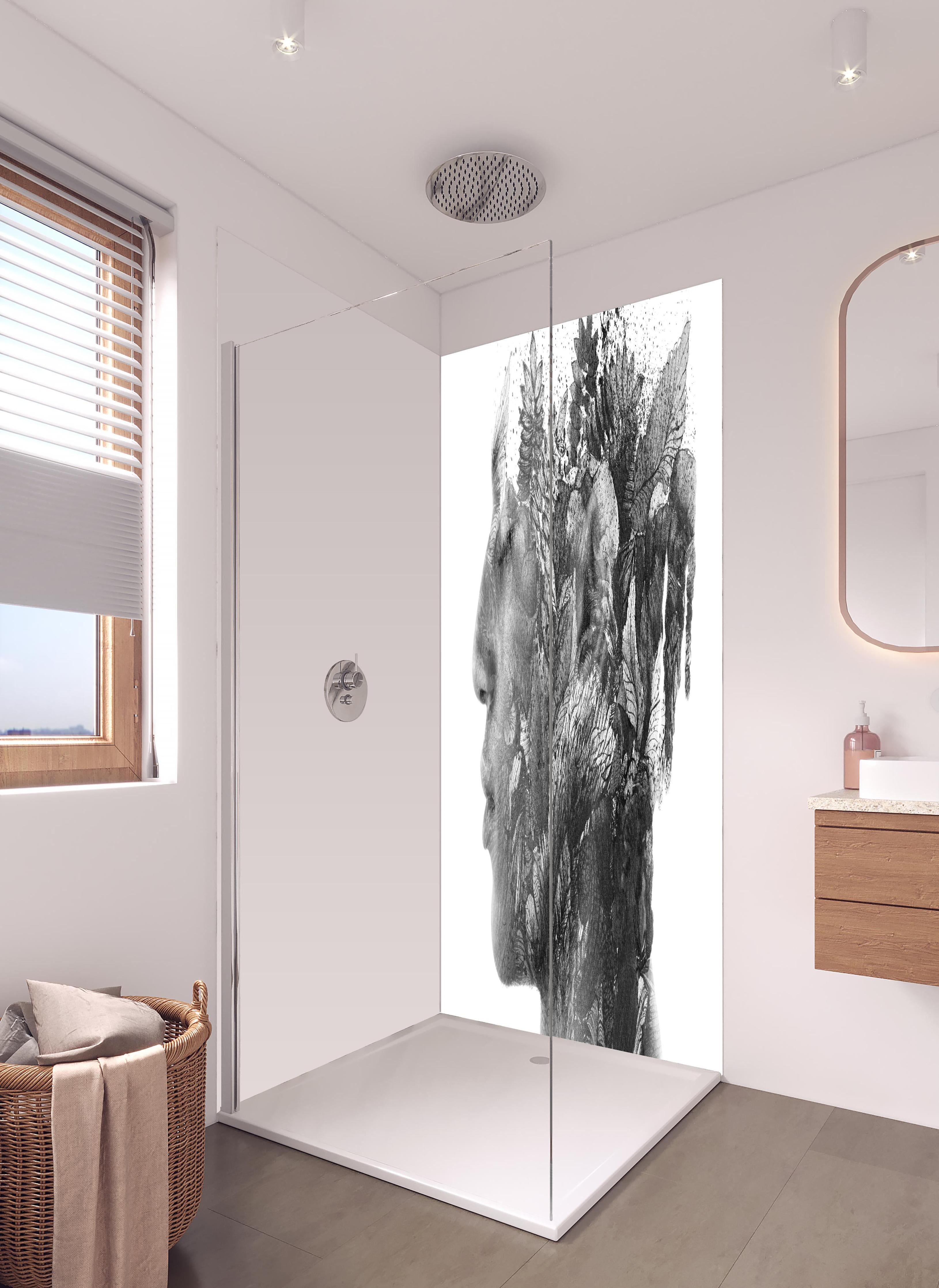 Duschrückwand - Modernes Portrait in schwarz - weiß in hellem Badezimmer mit Regenduschkopf - zweiteilige Eck-Duschrückwand