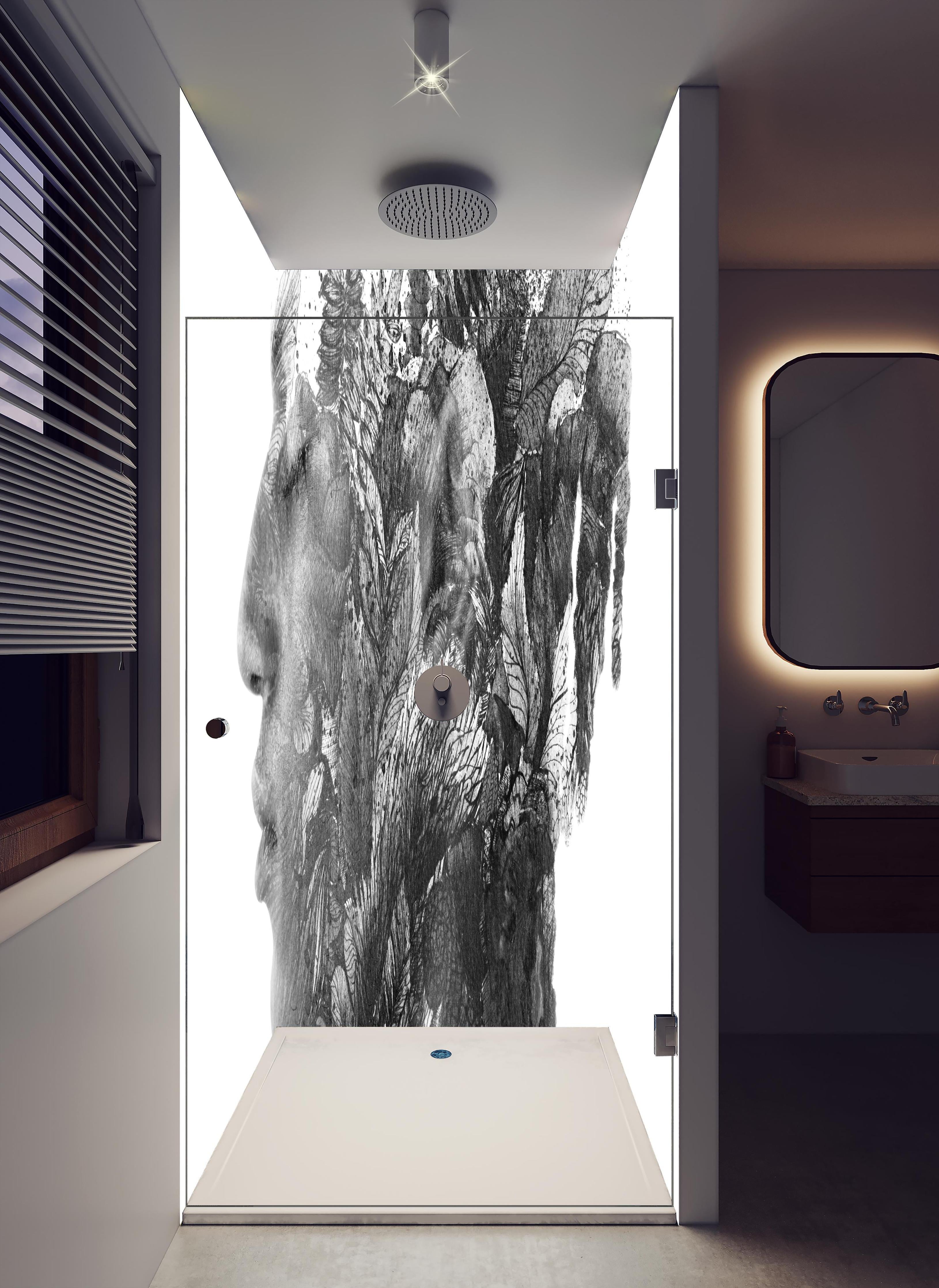 Duschrückwand - Modernes Portrait in schwarz - weiß in hellem Badezimmer mit Regenduschkopf - zweiteilige Eck-Duschrückwand