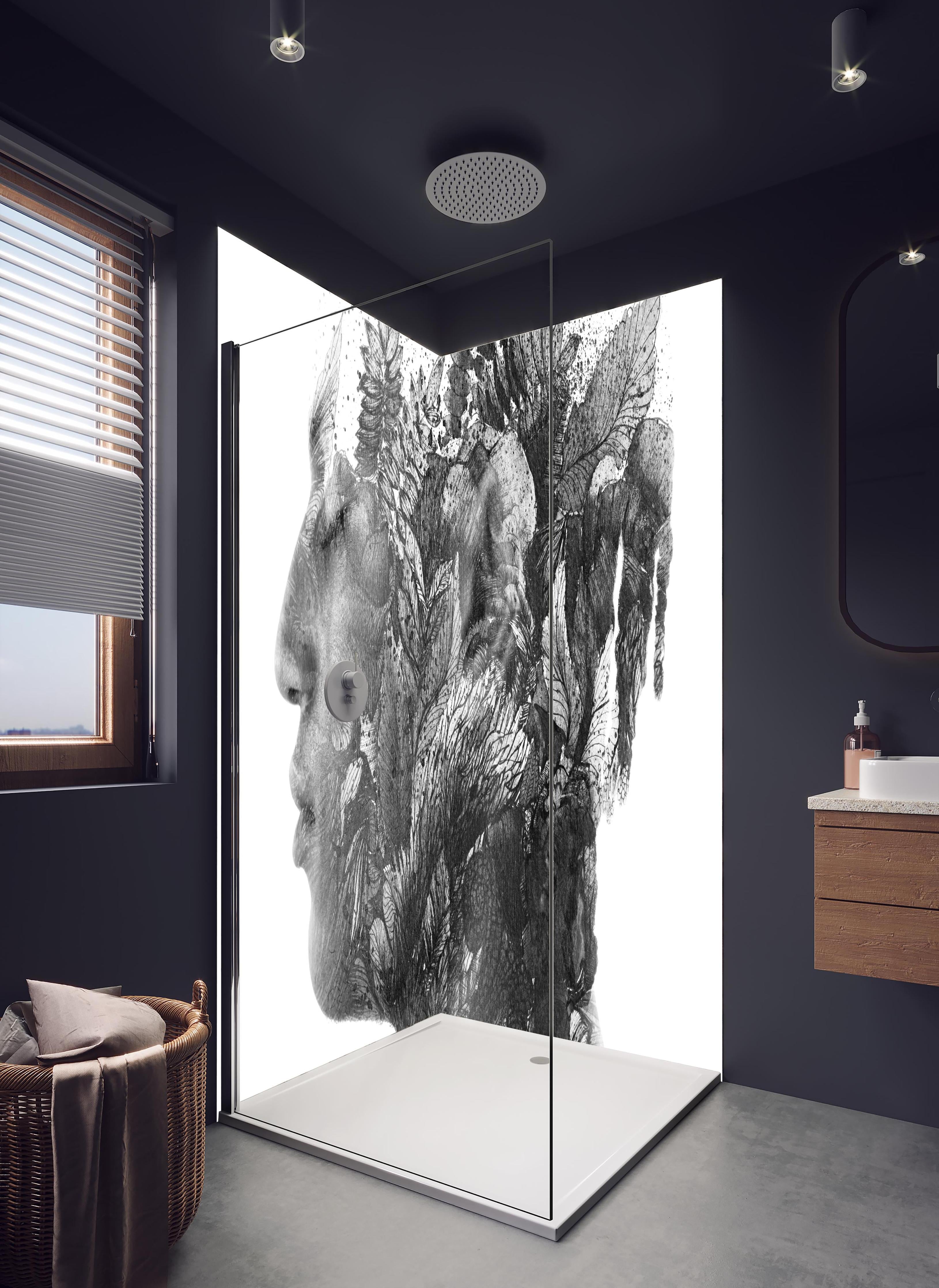 Duschrückwand - Modernes Portrait in schwarz - weiß in hellem Badezimmer mit Regenduschkopf - zweiteilige Eck-Duschrückwand