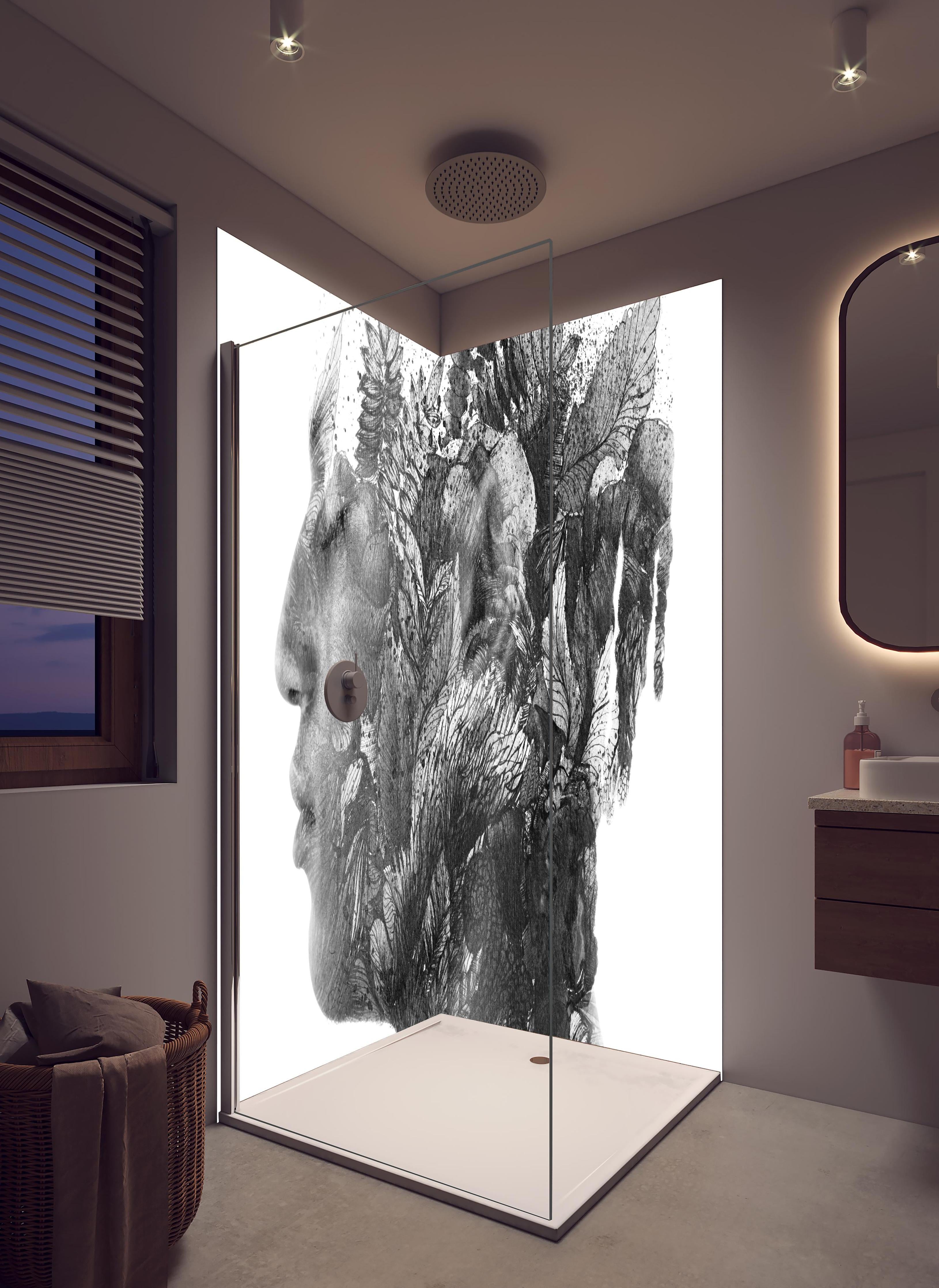 Duschrückwand - Modernes Portrait in schwarz - weiß in hellem Badezimmer mit Regenduschkopf - zweiteilige Eck-Duschrückwand