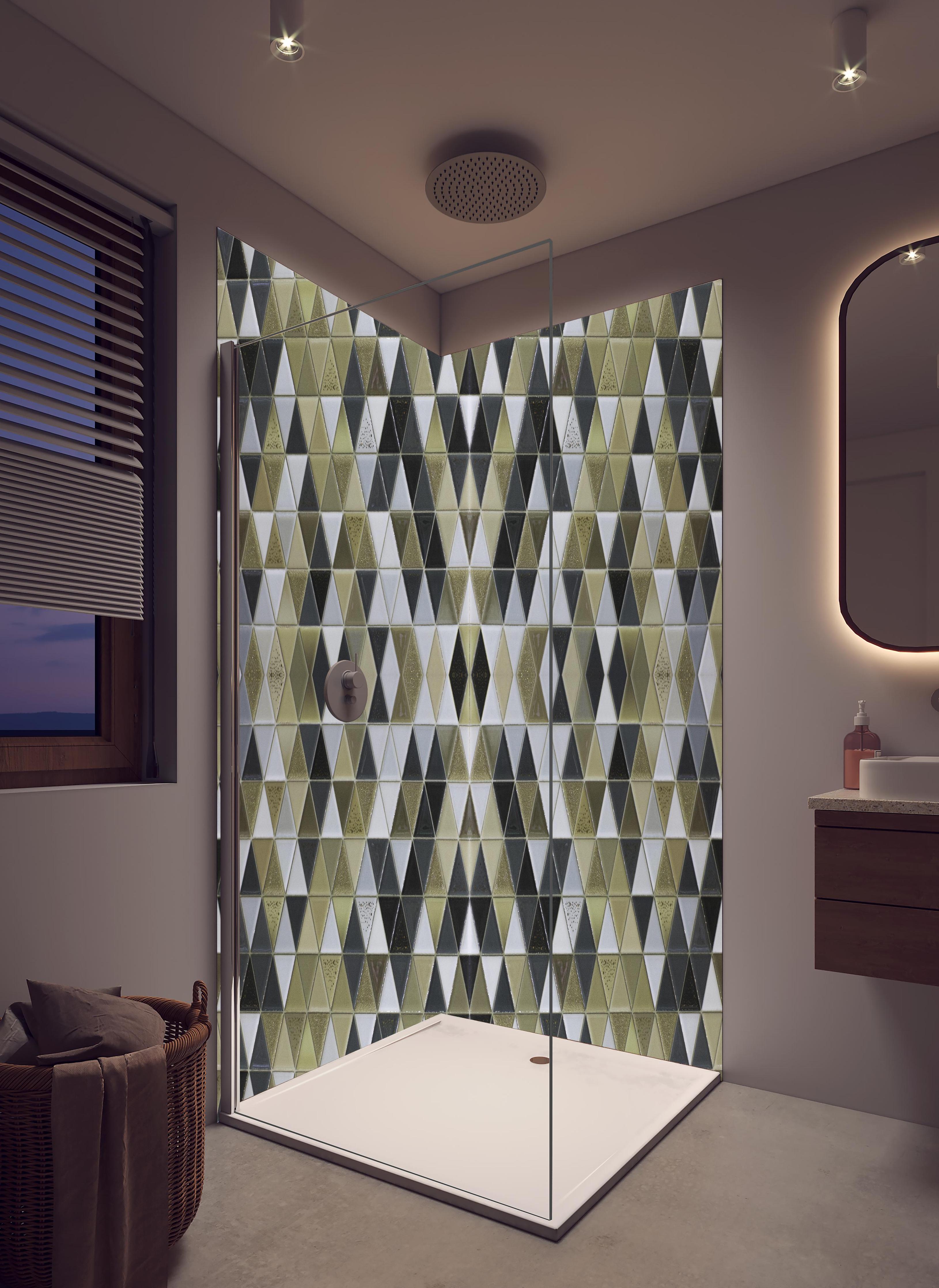 Duschrückwand - Modernes Schwarz-Gold-Design Texturmuster in hellem Badezimmer mit Regenduschkopf - zweiteilige Eck-Duschrückwand