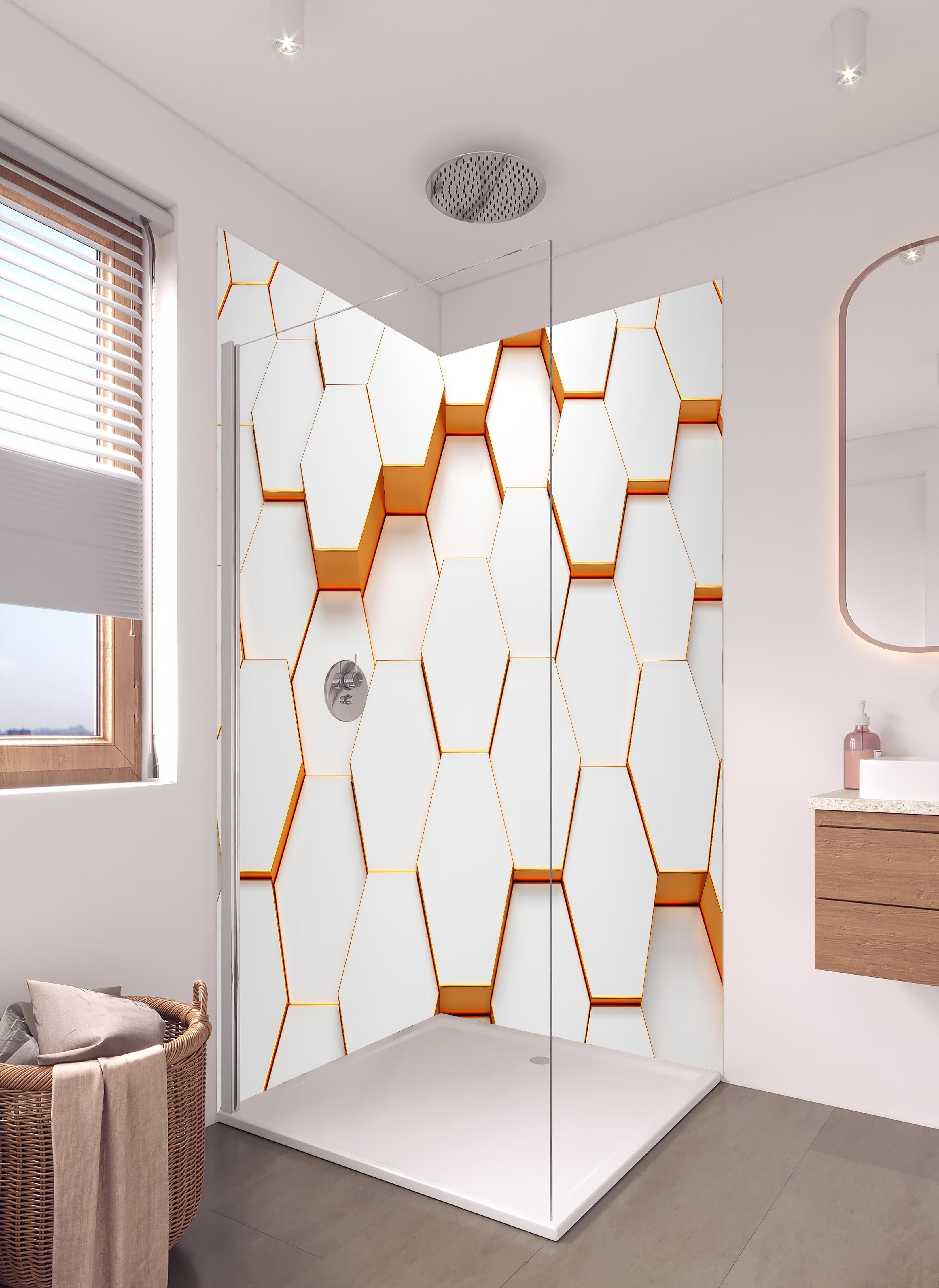Duschrückwand - Modernes Sechseck Muster in hellem Badezimmer mit Regenduschkopf - zweiteilige Eck-Duschrückwand