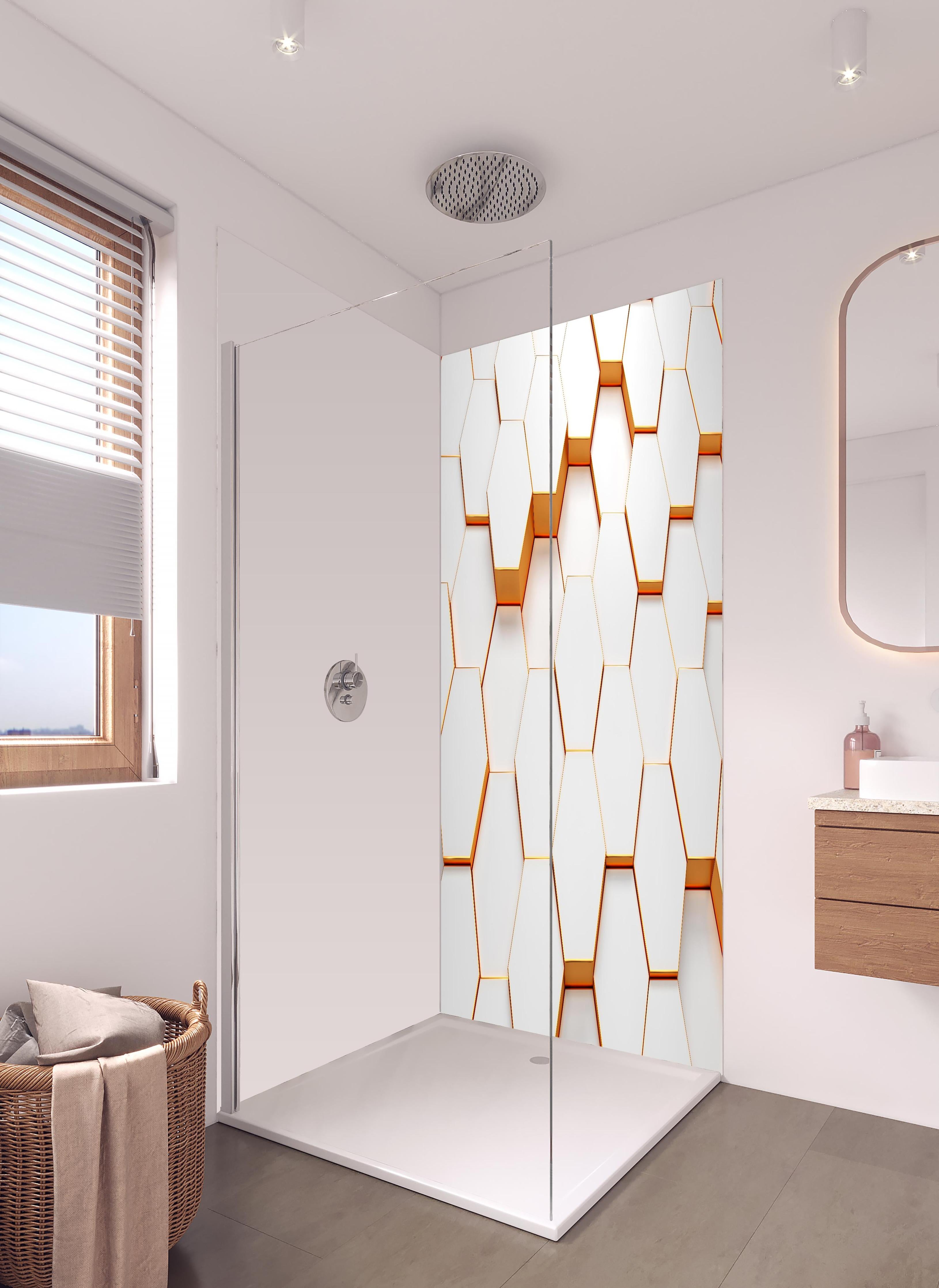 Duschrückwand - Modernes Sechseck Muster in hellem Badezimmer mit Regenduschkopf - zweiteilige Eck-Duschrückwand