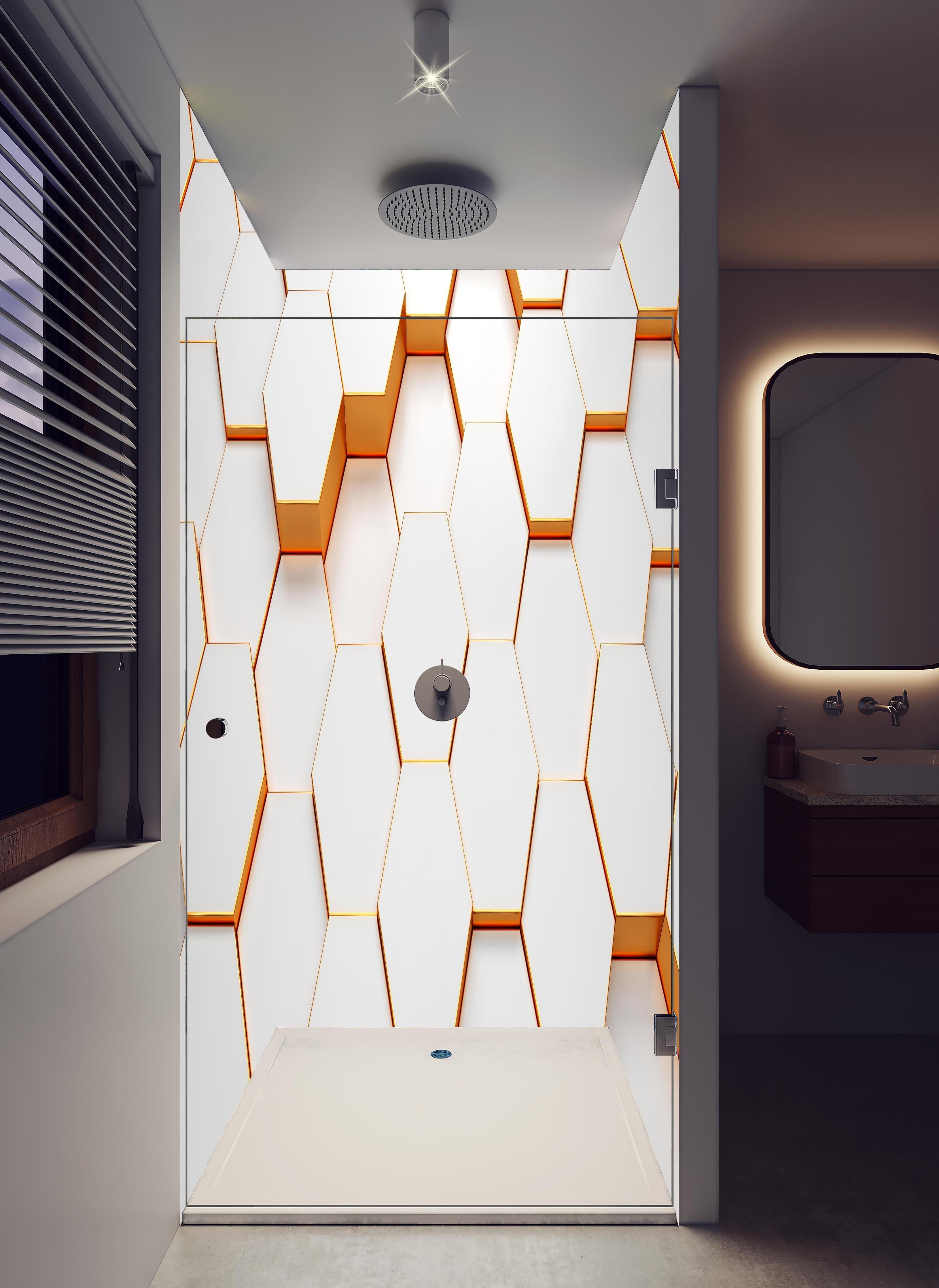 Duschrückwand - Modernes Sechseck Muster in hellem Badezimmer mit Regenduschkopf - zweiteilige Eck-Duschrückwand