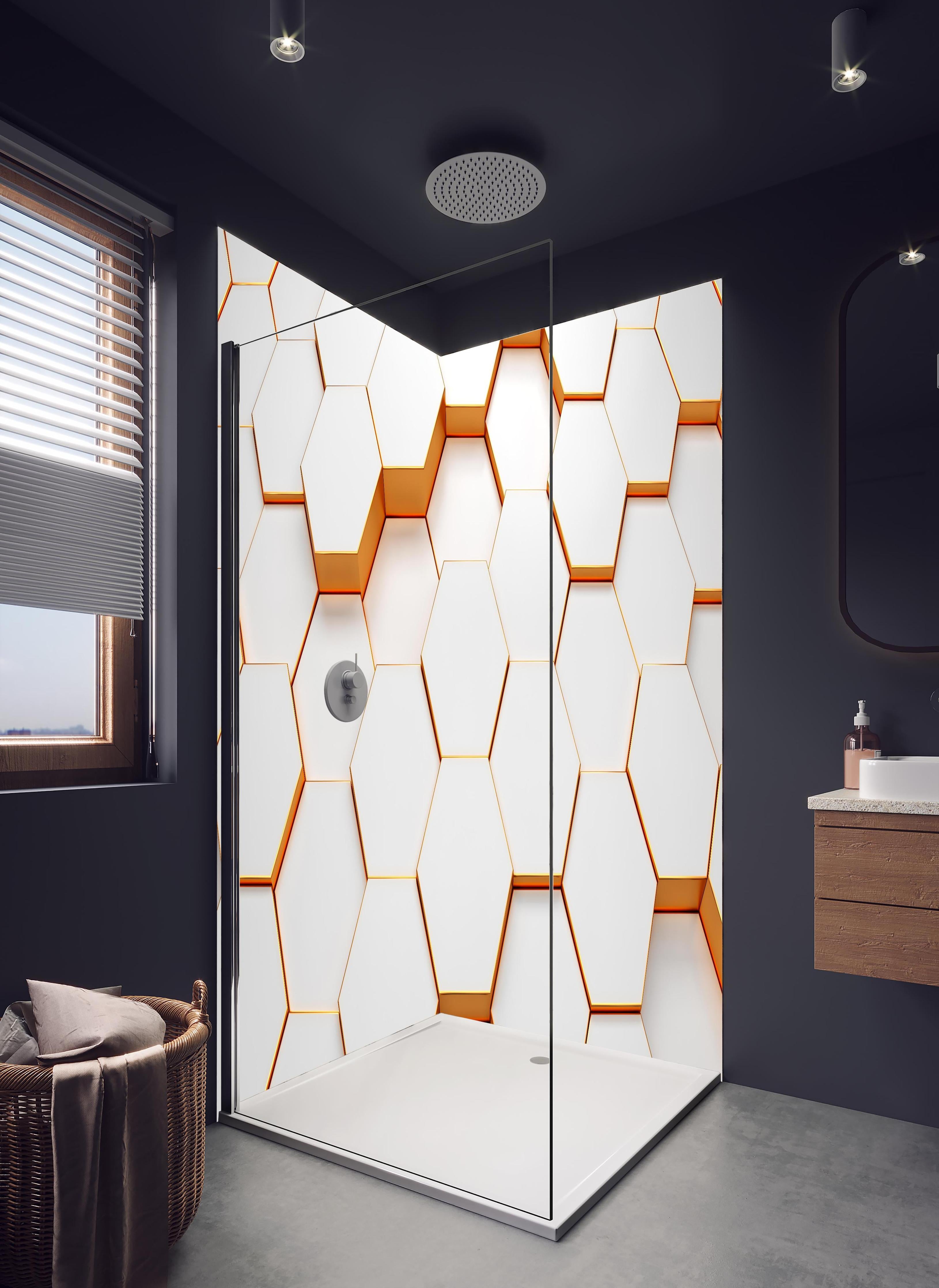 Duschrückwand - Modernes Sechseck Muster in hellem Badezimmer mit Regenduschkopf - zweiteilige Eck-Duschrückwand