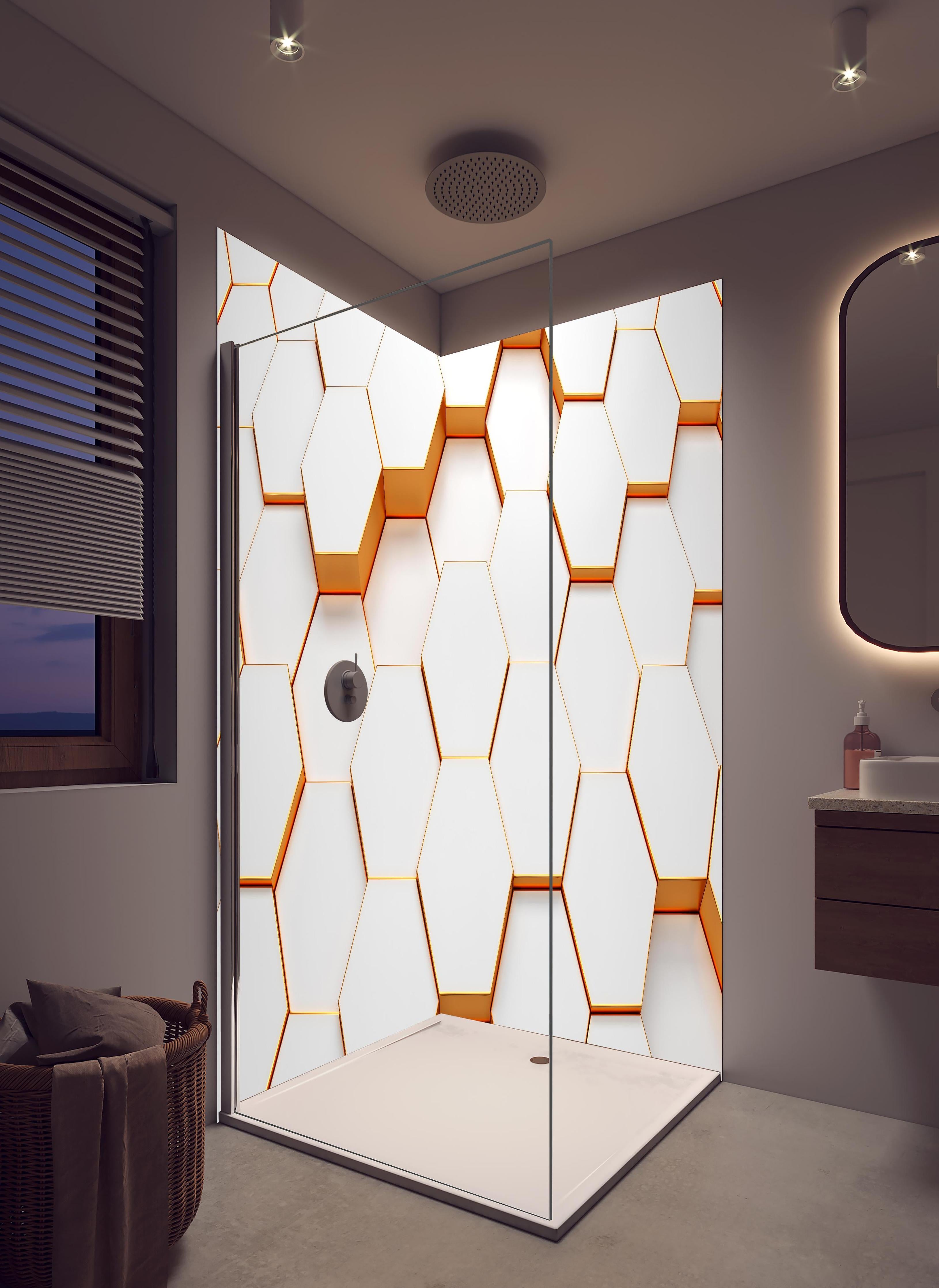 Duschrückwand - Modernes Sechseck Muster in hellem Badezimmer mit Regenduschkopf - zweiteilige Eck-Duschrückwand