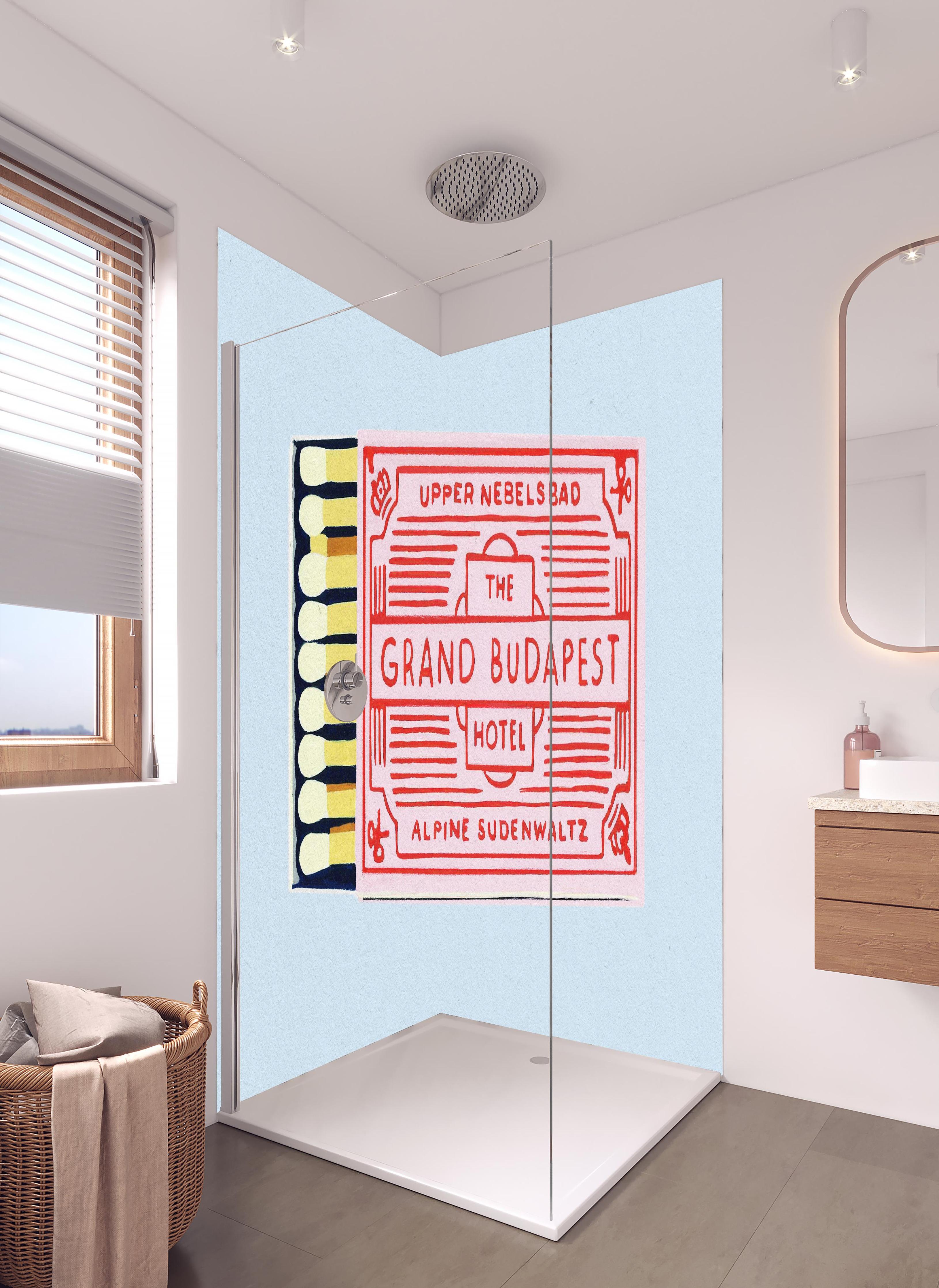 Duschrückwand - Modernes Streichholz Poster in hellem Badezimmer mit Regenduschkopf - zweiteilige Eck-Duschrückwand