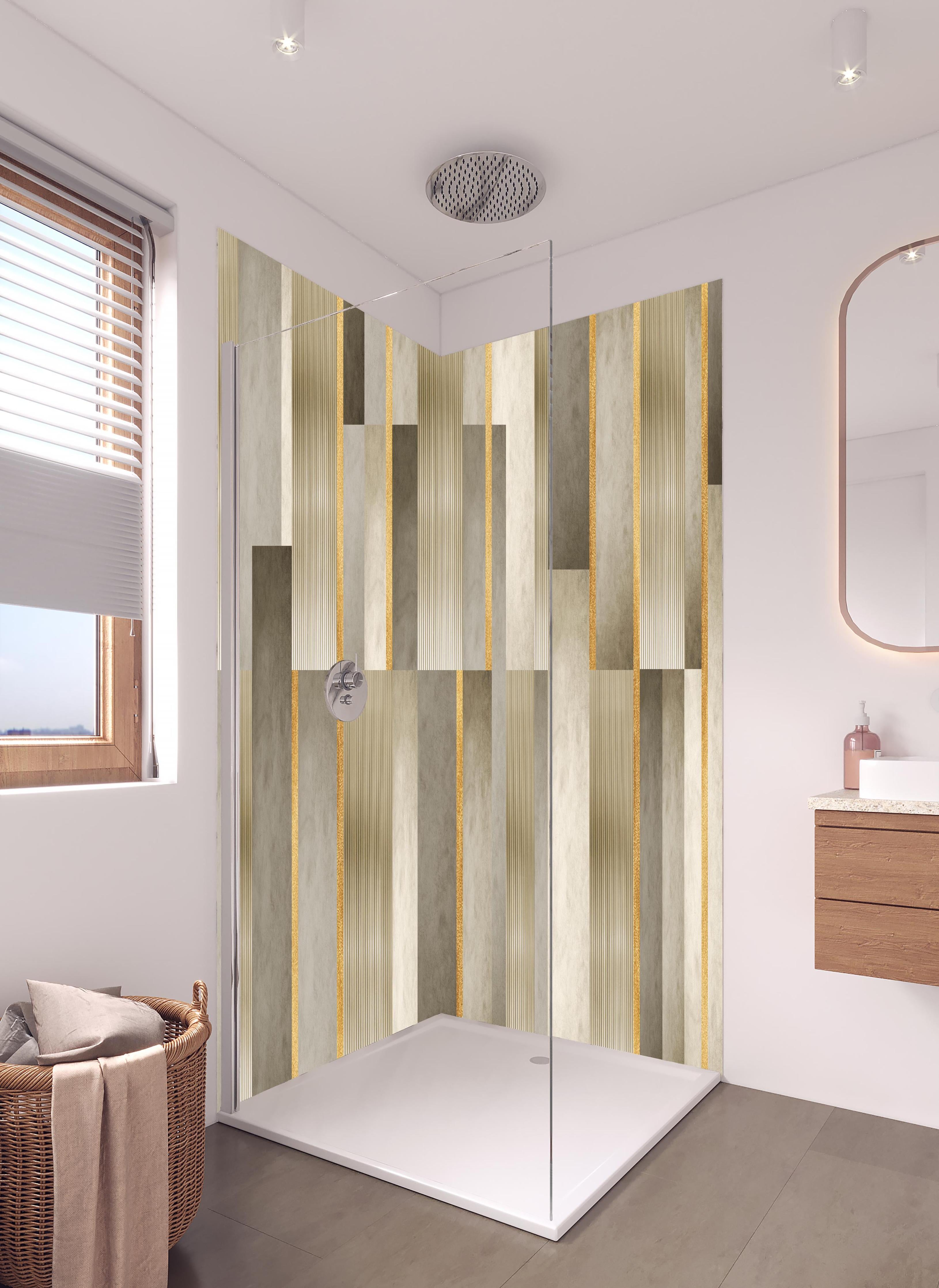 Duschrückwand - Modernes Wandmuster - Orient in hellem Badezimmer mit Regenduschkopf - zweiteilige Eck-Duschrückwand