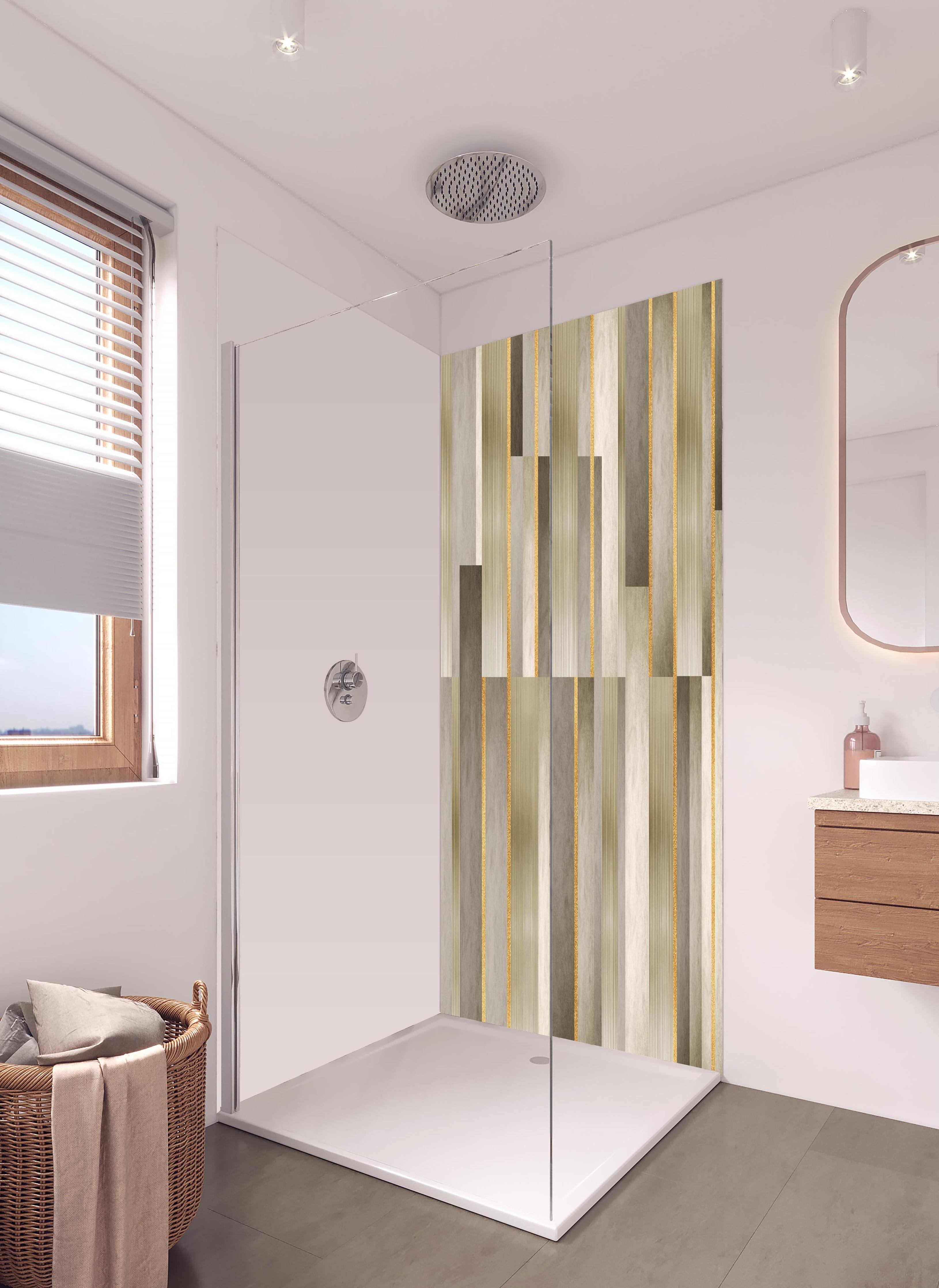 Duschrückwand - Modernes Wandmuster - Orient in hellem Badezimmer mit Regenduschkopf - zweiteilige Eck-Duschrückwand