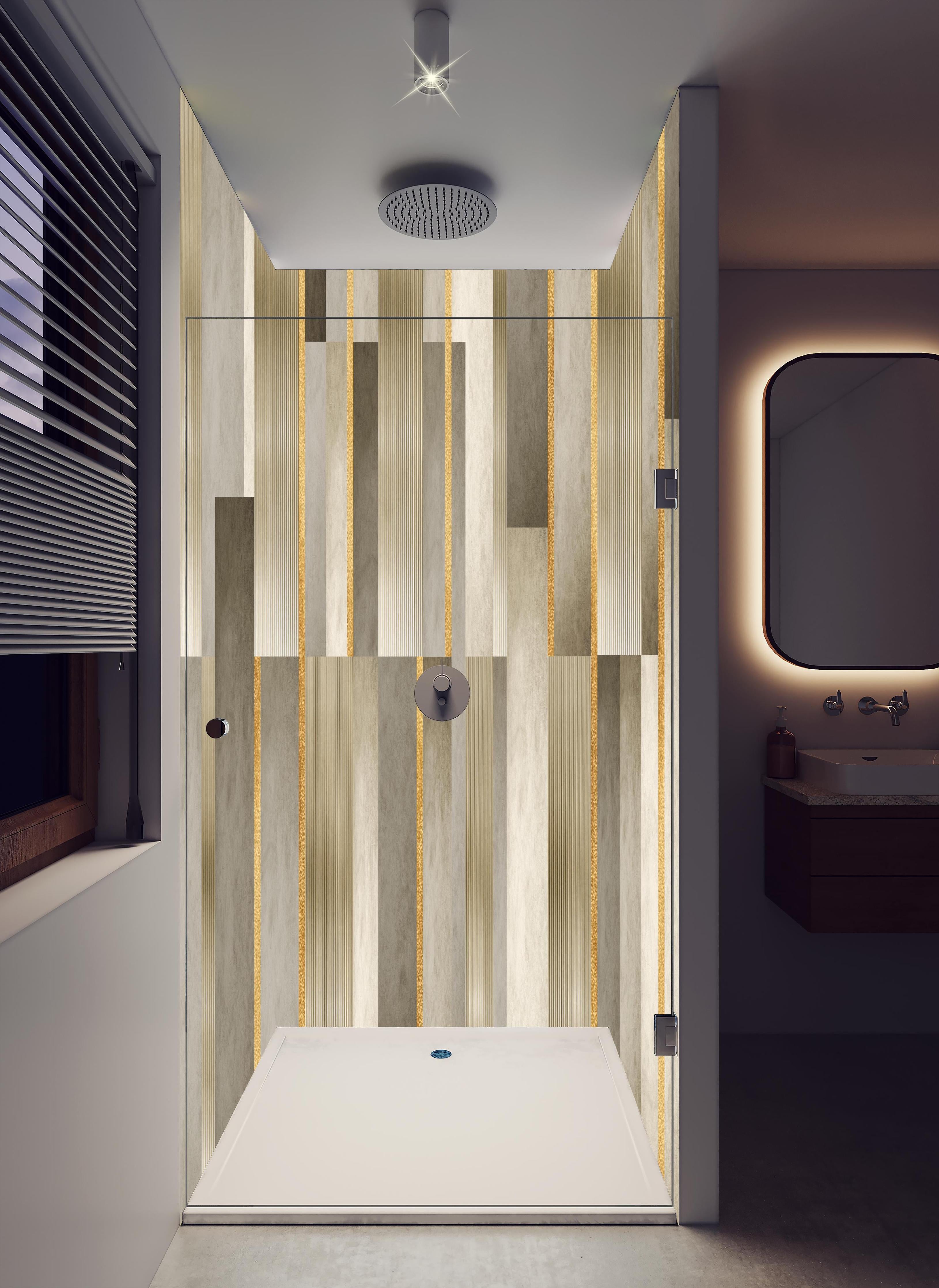 Duschrückwand - Modernes Wandmuster - Orient in hellem Badezimmer mit Regenduschkopf - zweiteilige Eck-Duschrückwand