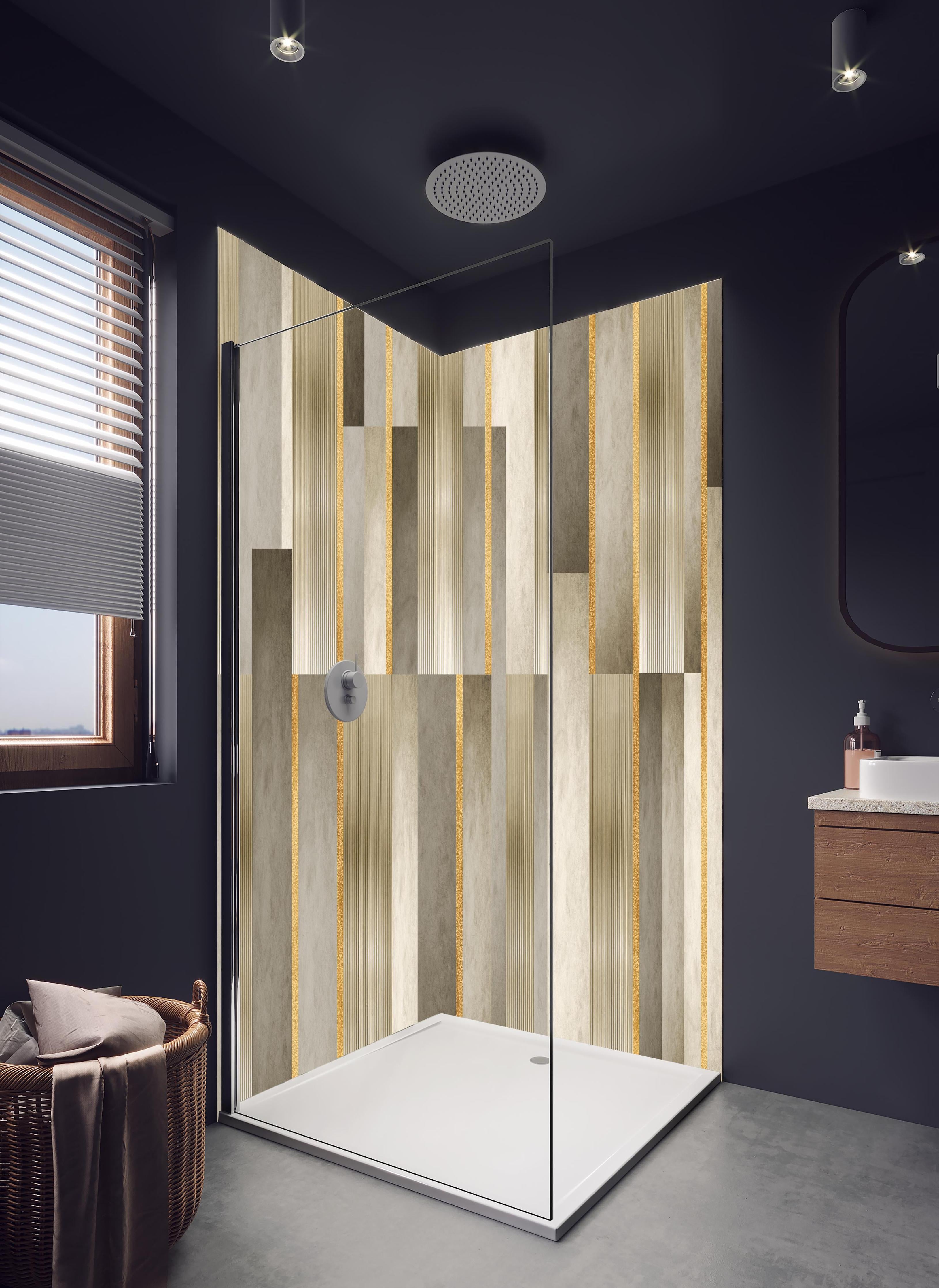Duschrückwand - Modernes Wandmuster - Orient in hellem Badezimmer mit Regenduschkopf - zweiteilige Eck-Duschrückwand
