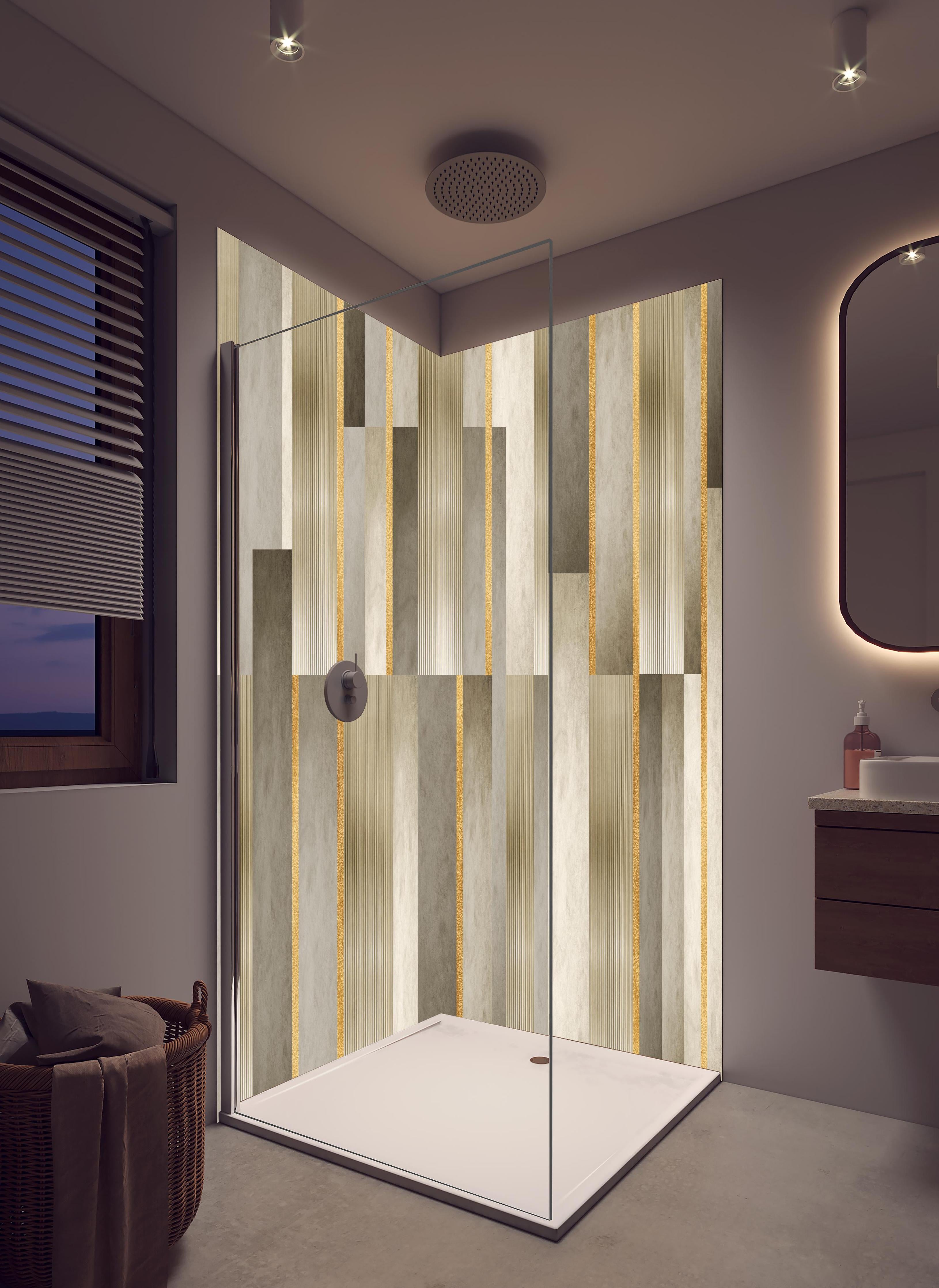 Duschrückwand - Modernes Wandmuster - Orient in hellem Badezimmer mit Regenduschkopf - zweiteilige Eck-Duschrückwand