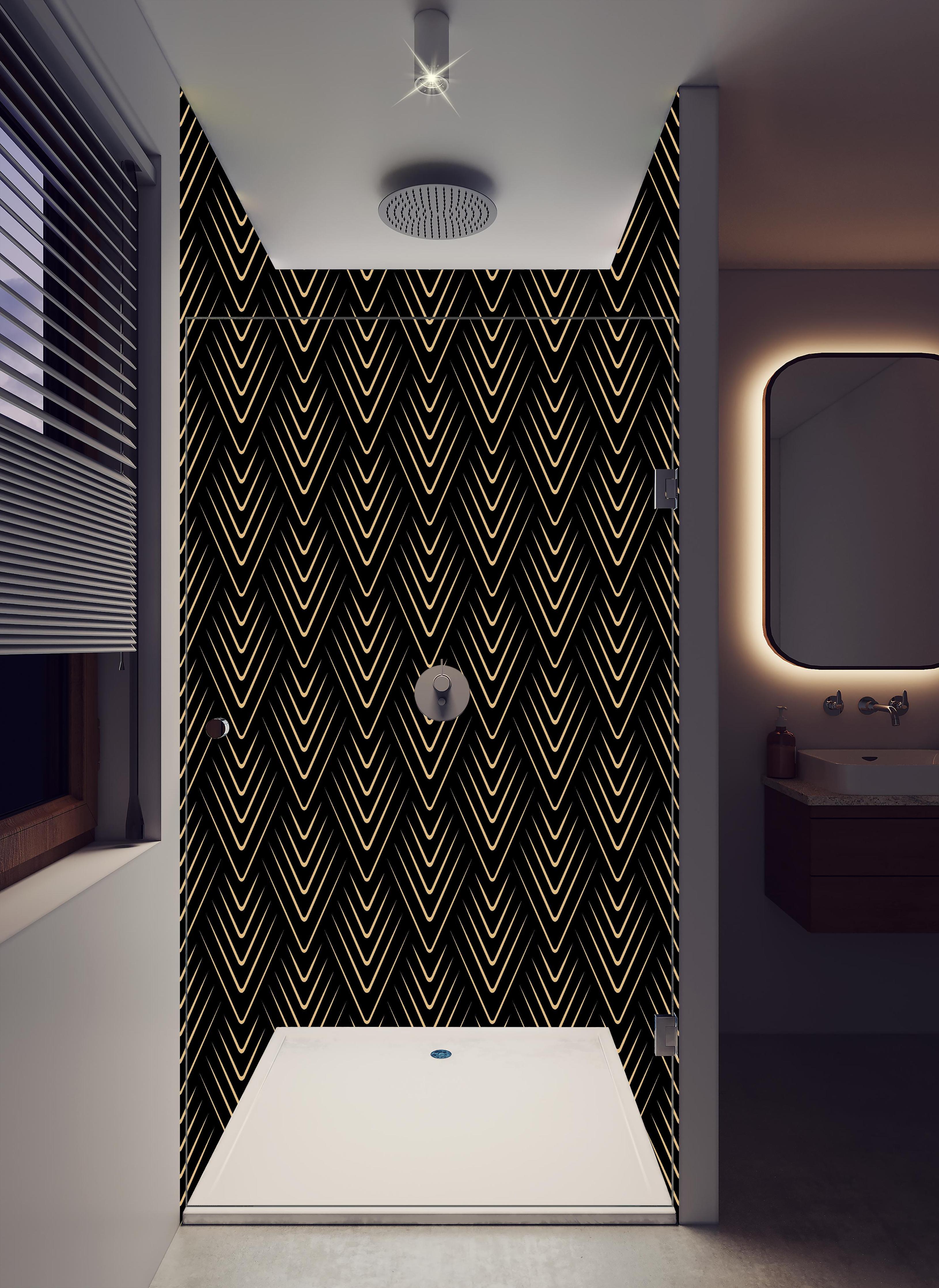 Duschrückwand - Modernes schwarzes V-Förmiges Linienmuster in hellem Badezimmer mit Regenduschkopf - zweiteilige Eck-Duschrückwand