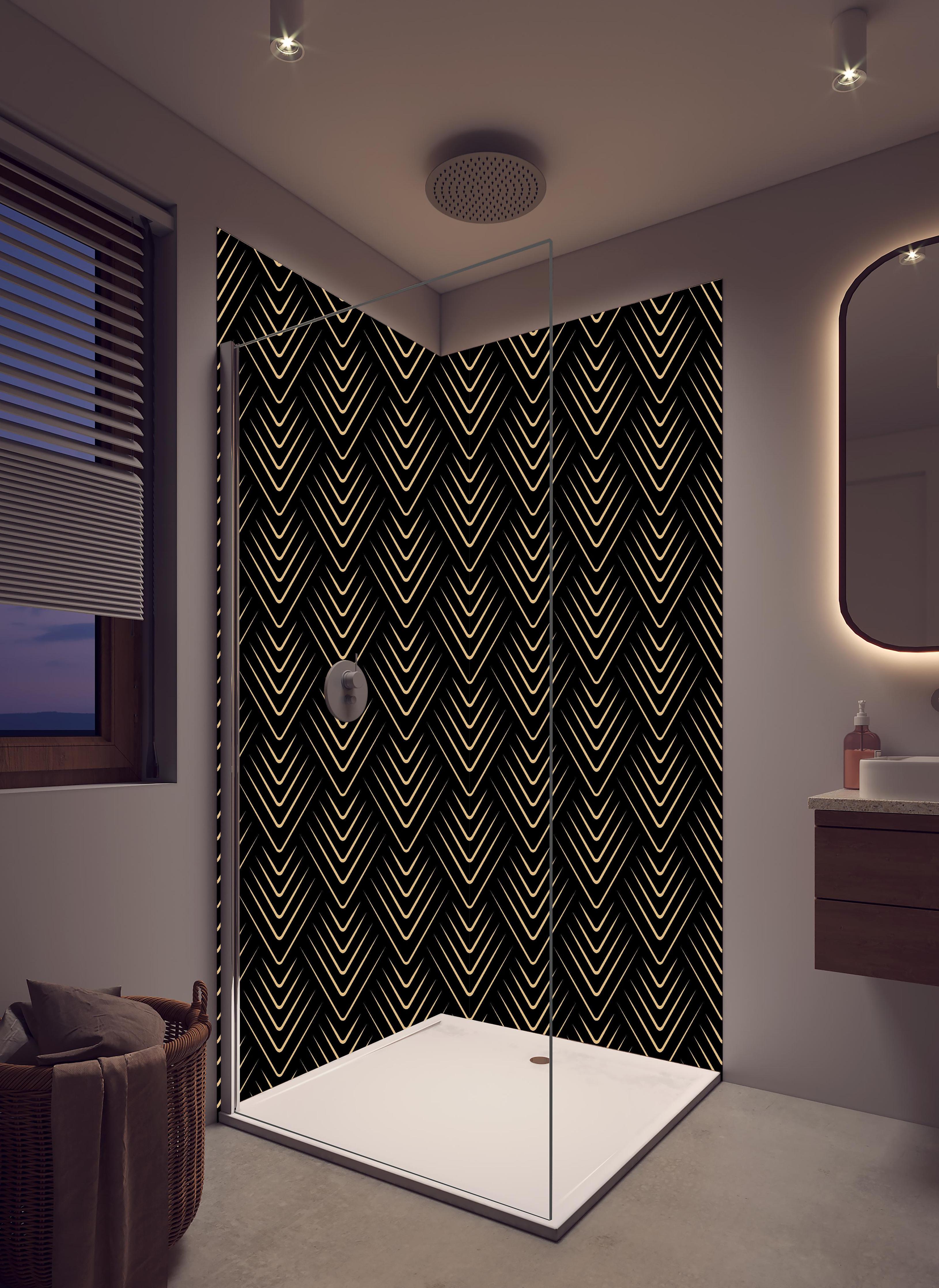 Duschrückwand - Modernes schwarzes V-Förmiges Linienmuster in hellem Badezimmer mit Regenduschkopf - zweiteilige Eck-Duschrückwand