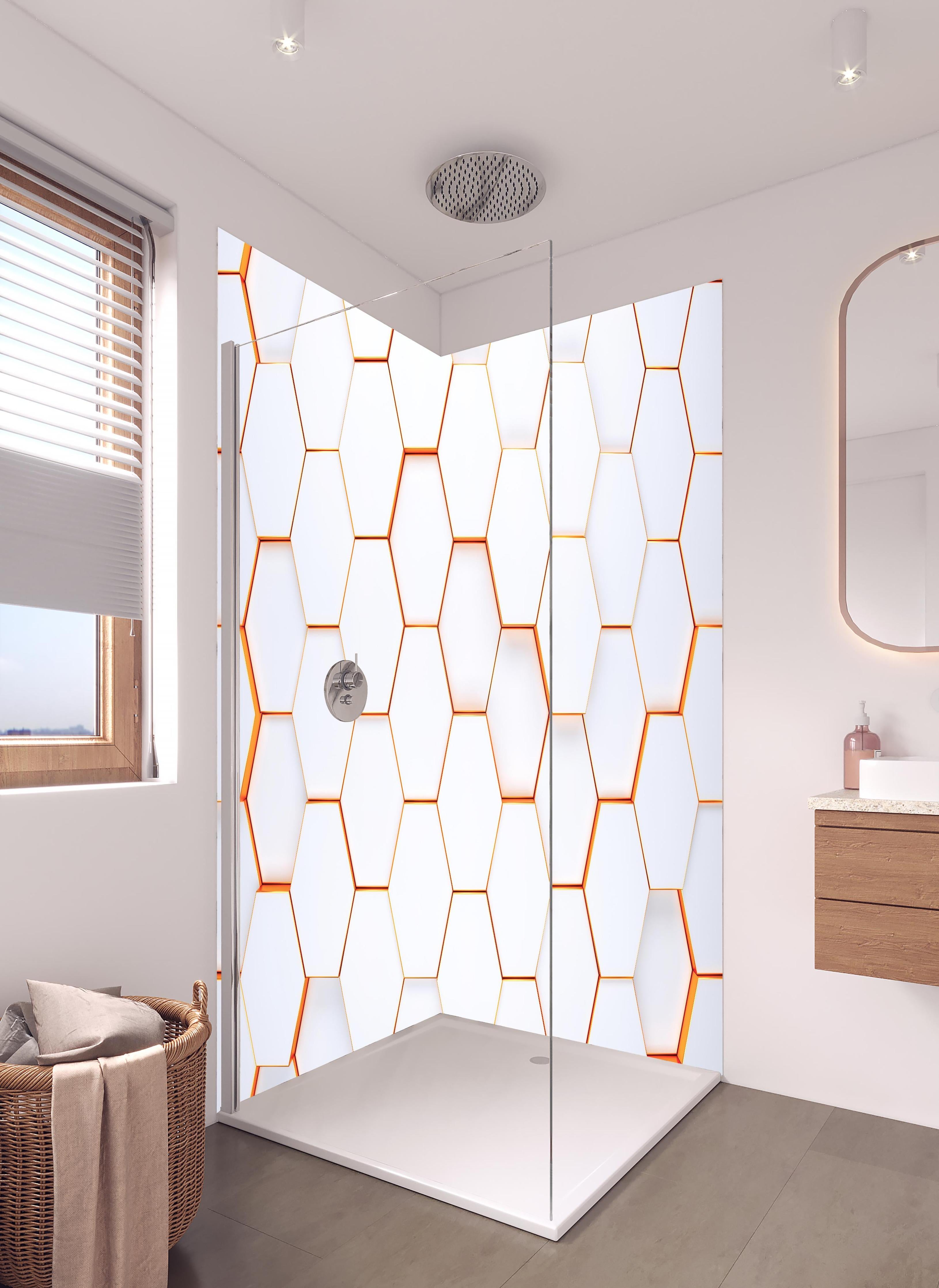 Duschrückwand - Modernes sechseckiges Hintergrundmuster in hellem Badezimmer mit Regenduschkopf - zweiteilige Eck-Duschrückwand