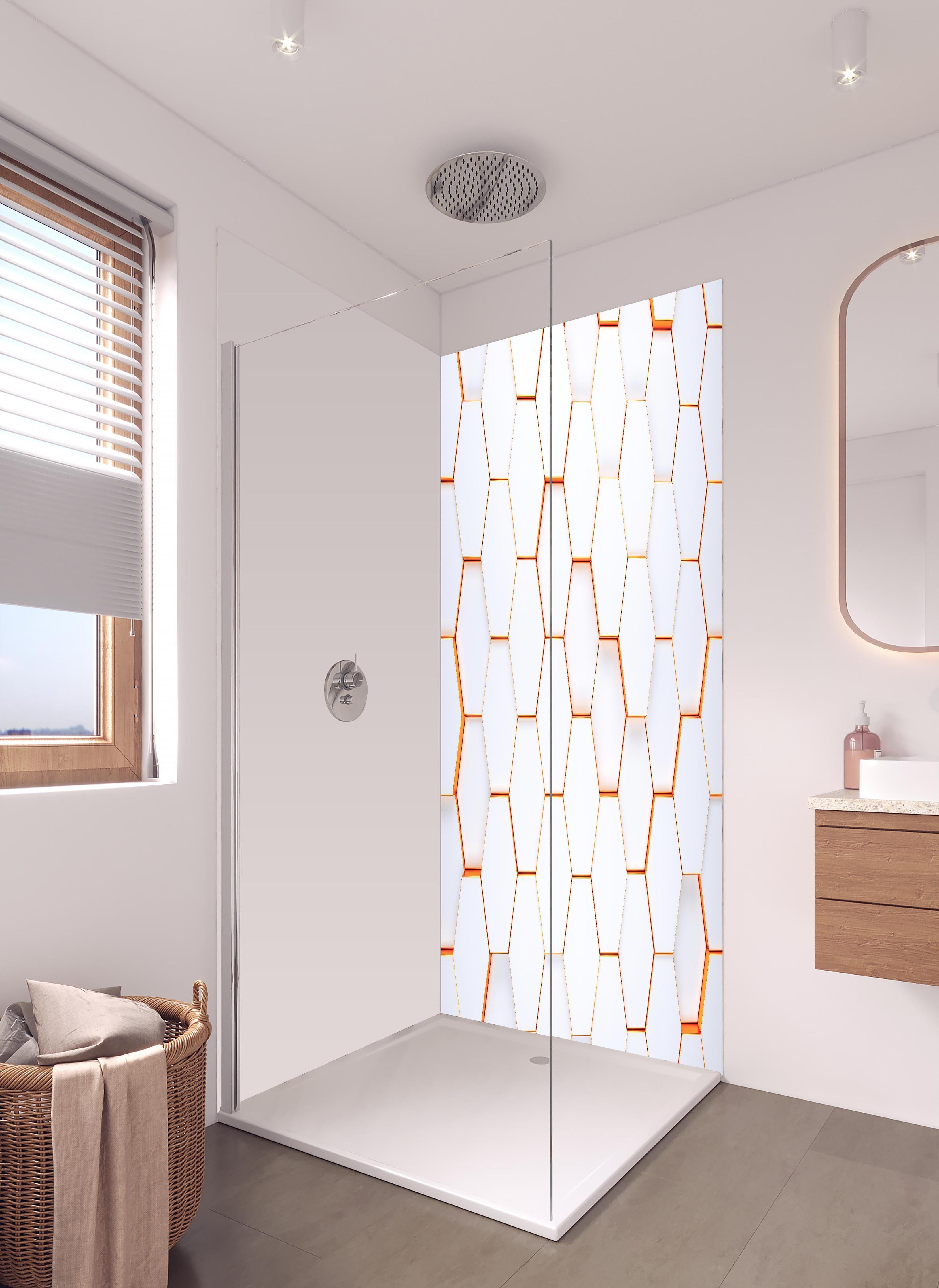 Duschrückwand - Modernes sechseckiges Hintergrundmuster in hellem Badezimmer mit Regenduschkopf - zweiteilige Eck-Duschrückwand