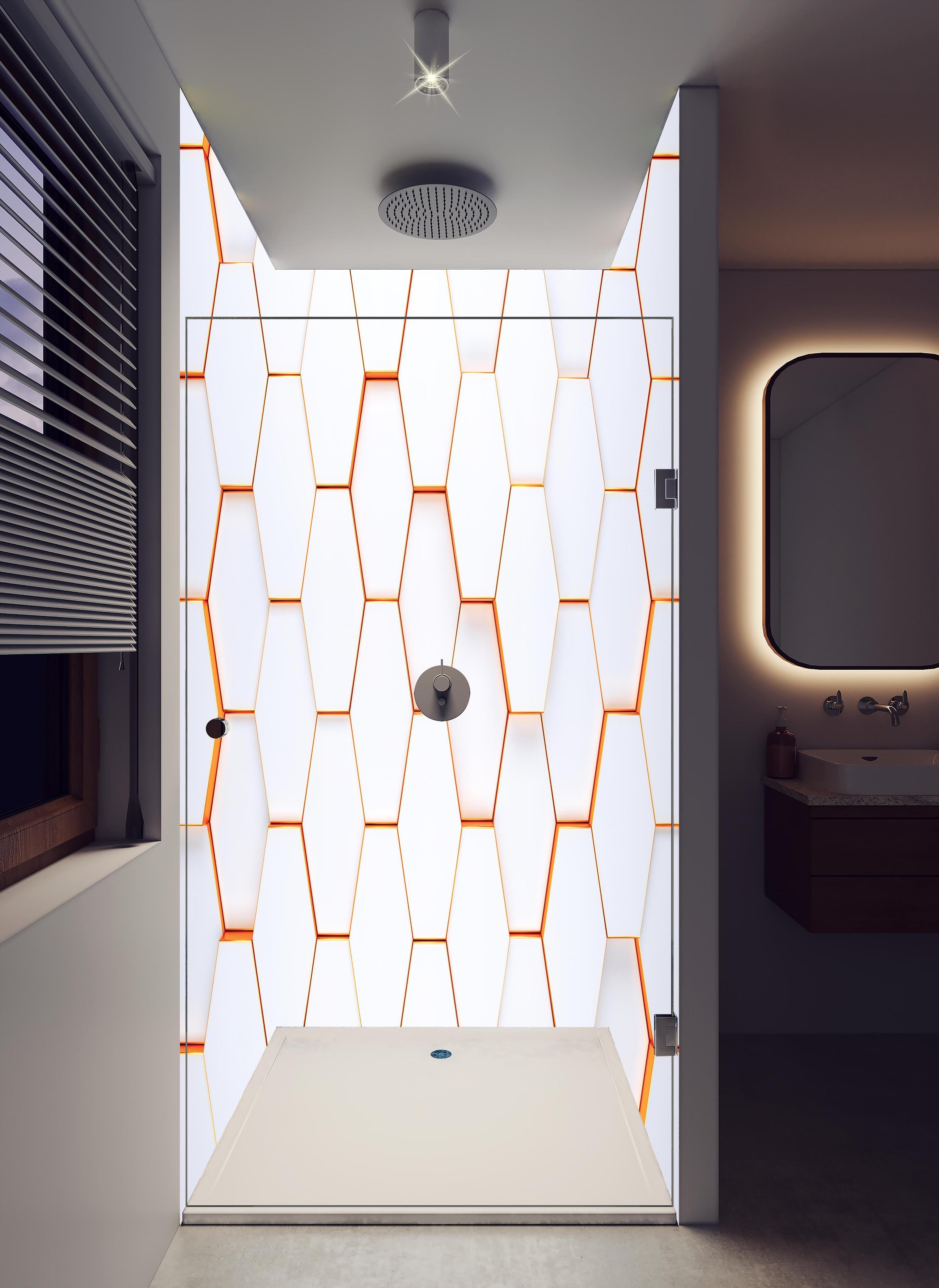 Duschrückwand - Modernes sechseckiges Hintergrundmuster in hellem Badezimmer mit Regenduschkopf - zweiteilige Eck-Duschrückwand