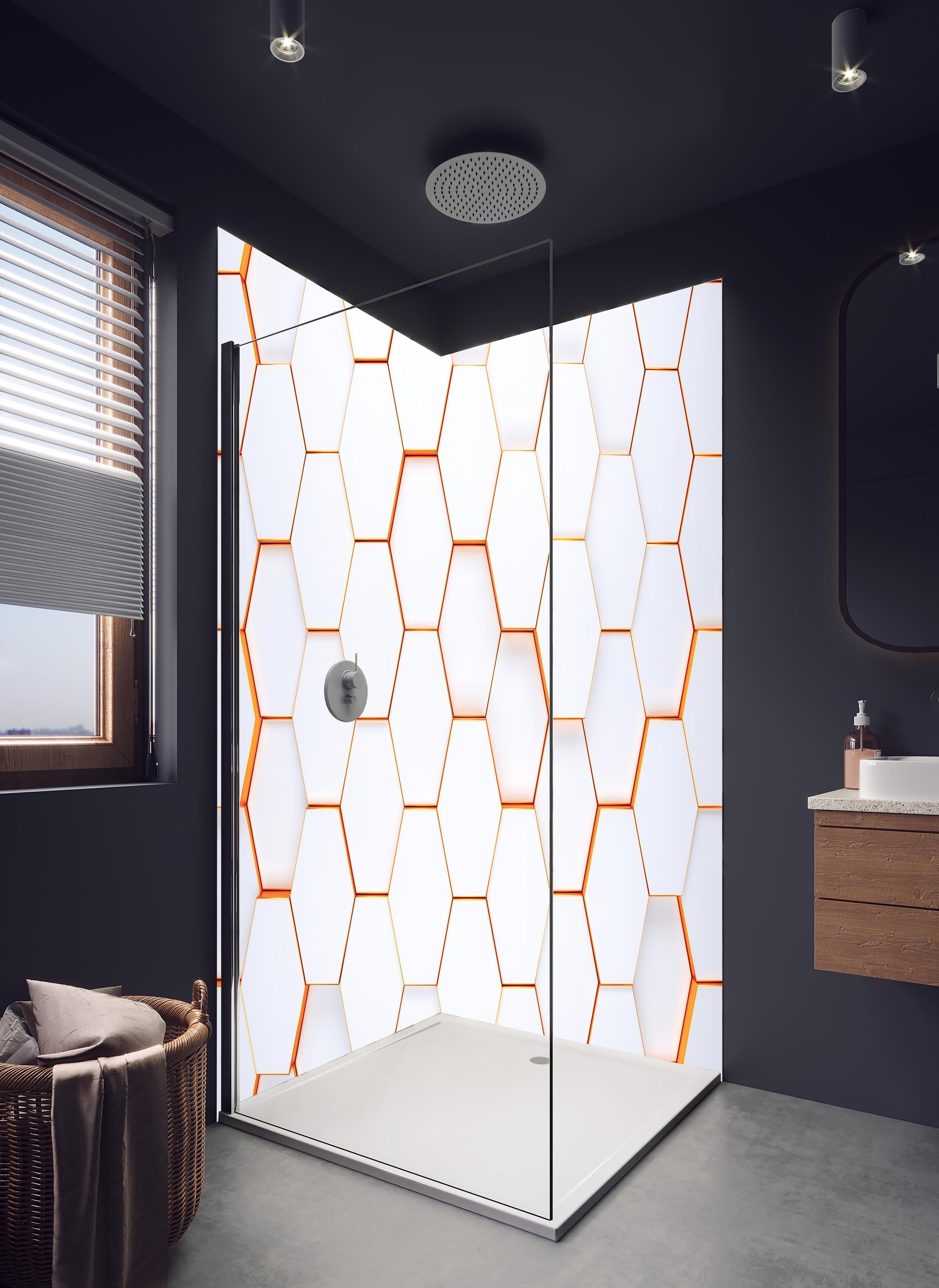Duschrückwand - Modernes sechseckiges Hintergrundmuster in hellem Badezimmer mit Regenduschkopf - zweiteilige Eck-Duschrückwand