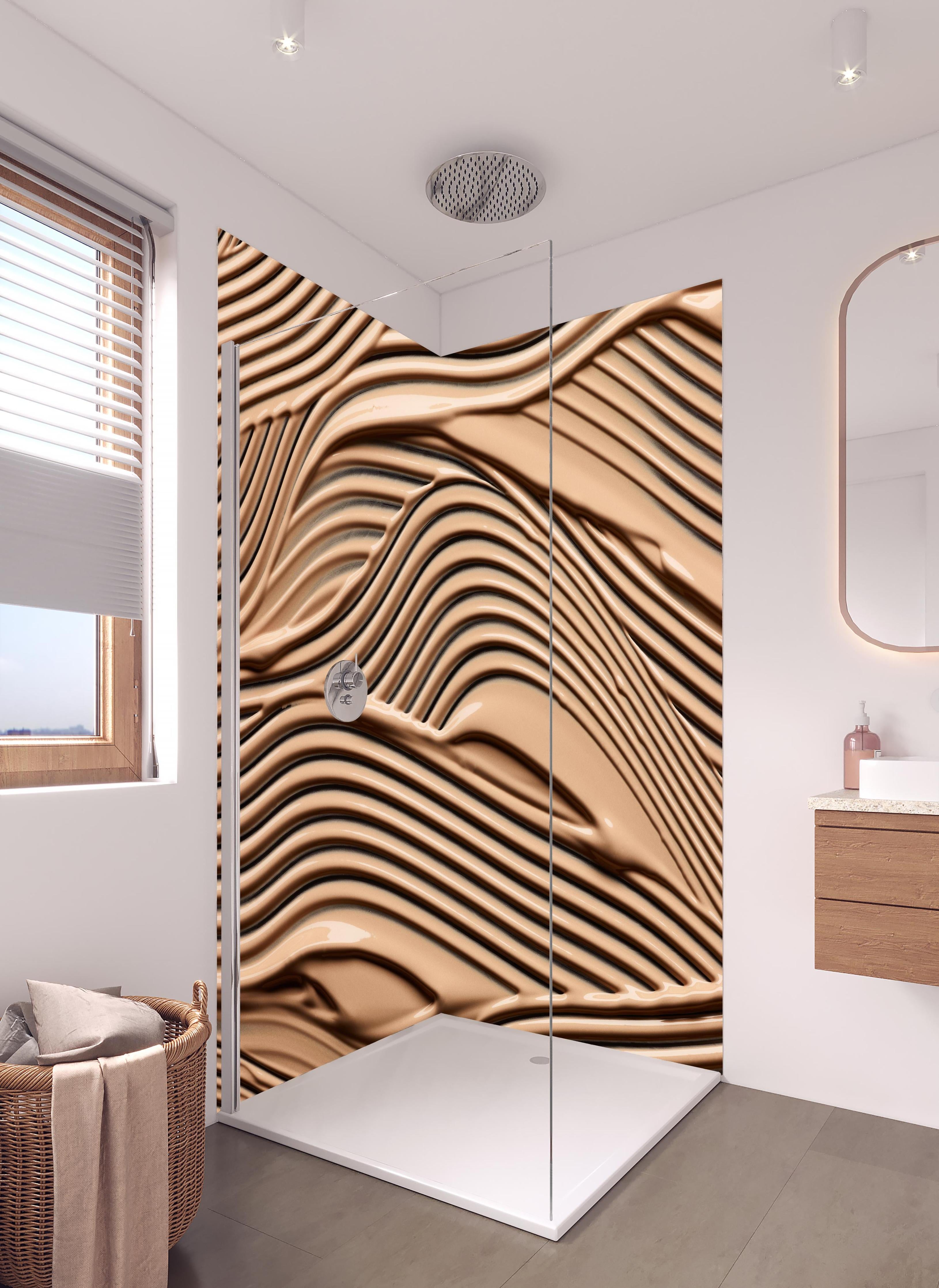 Duschrückwand - Modische Darstellung von Make-up in hellem Badezimmer mit Regenduschkopf - zweiteilige Eck-Duschrückwand