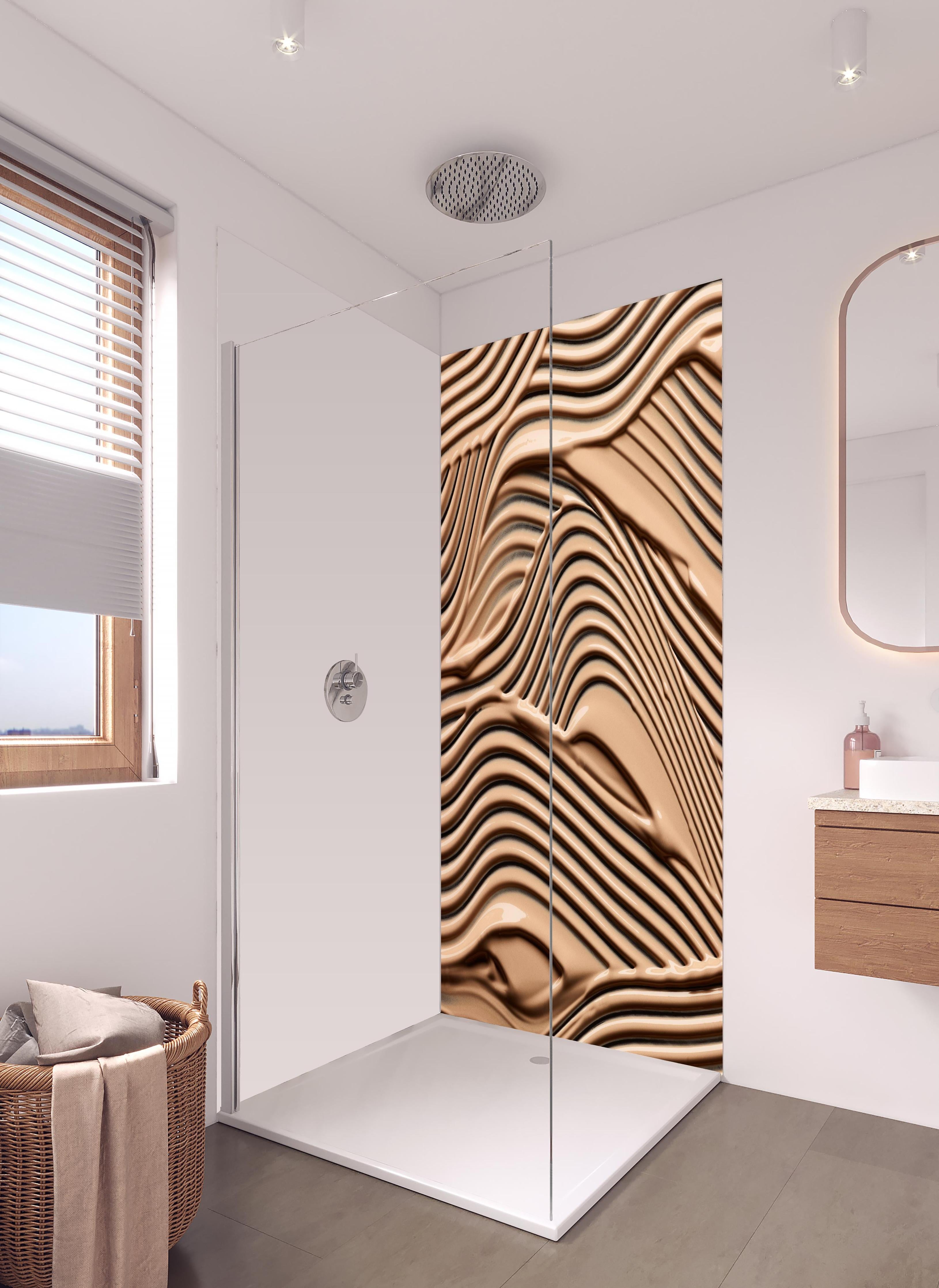 Duschrückwand - Modische Darstellung von Make-up in hellem Badezimmer mit Regenduschkopf - zweiteilige Eck-Duschrückwand