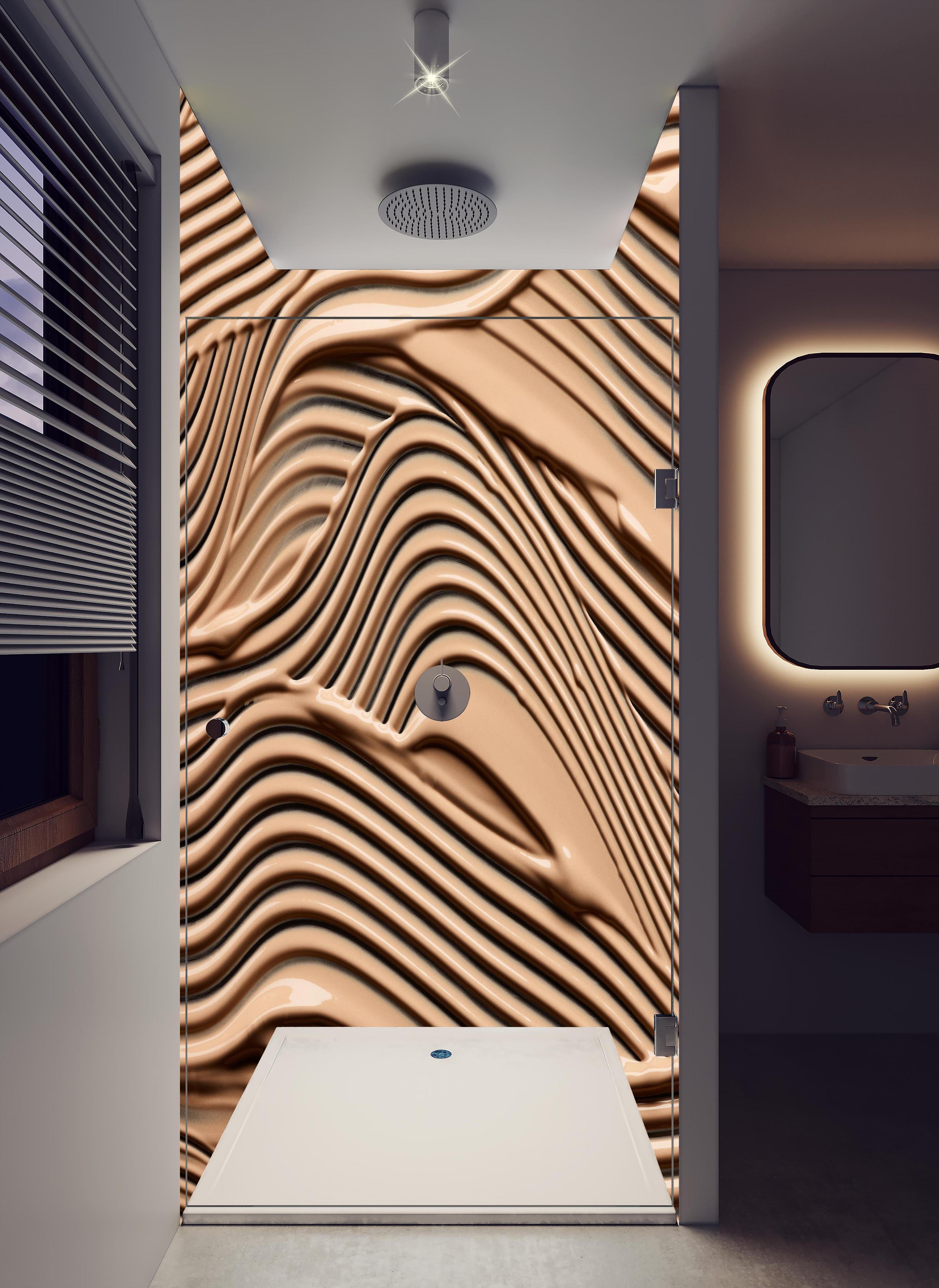 Duschrückwand - Modische Darstellung von Make-up in hellem Badezimmer mit Regenduschkopf - zweiteilige Eck-Duschrückwand