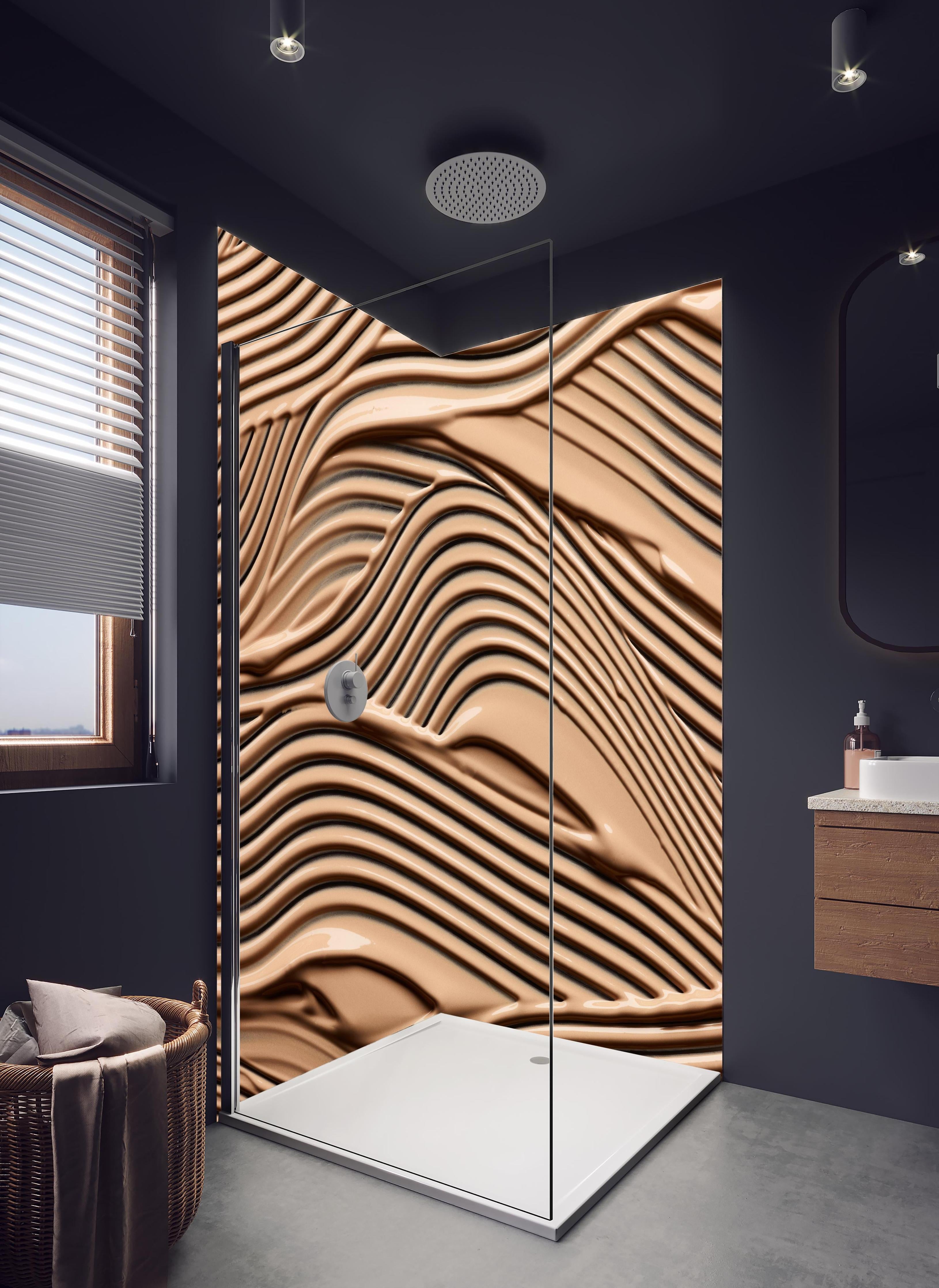 Duschrückwand - Modische Darstellung von Make-up in hellem Badezimmer mit Regenduschkopf - zweiteilige Eck-Duschrückwand