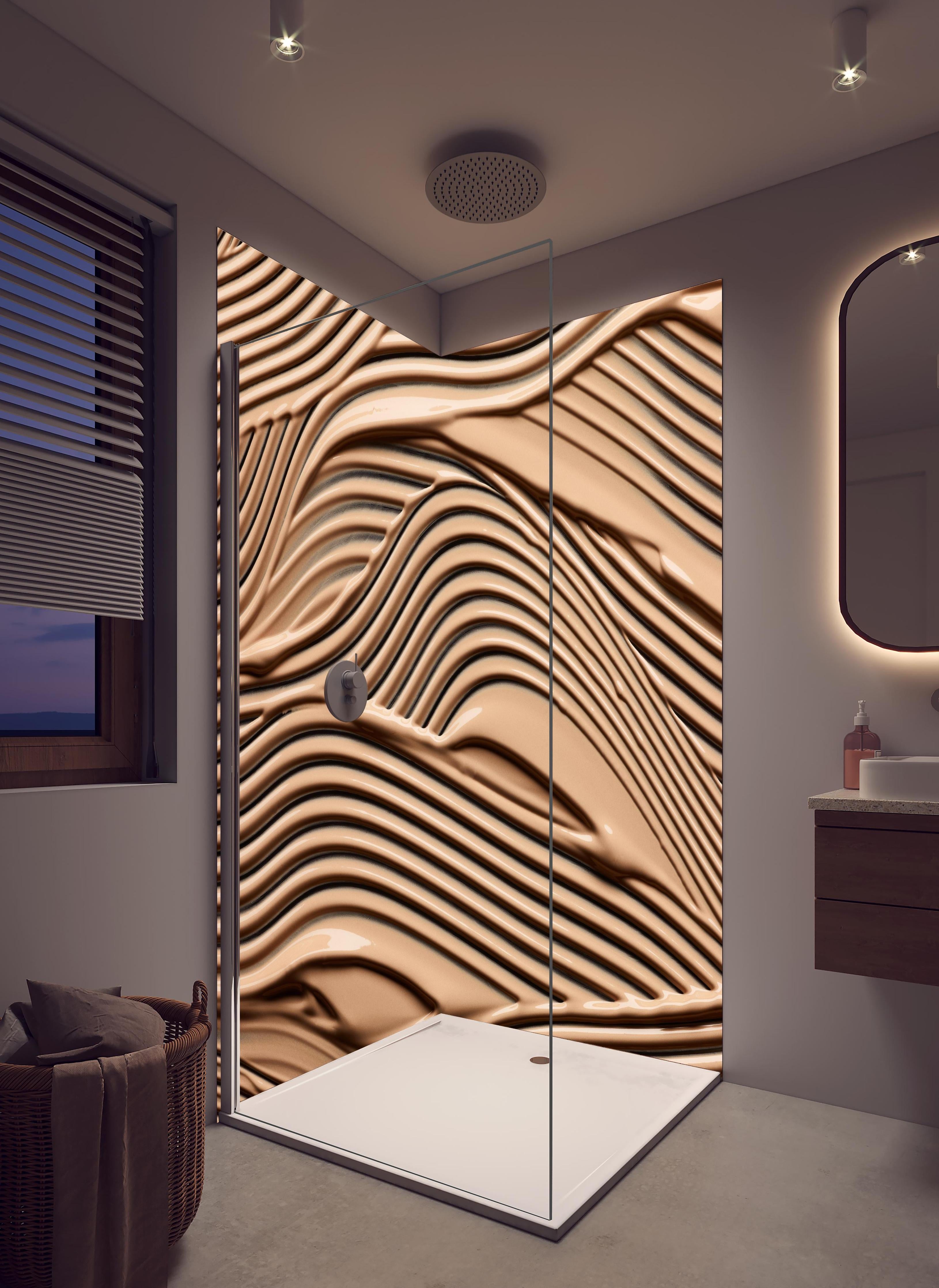 Duschrückwand - Modische Darstellung von Make-up in hellem Badezimmer mit Regenduschkopf - zweiteilige Eck-Duschrückwand