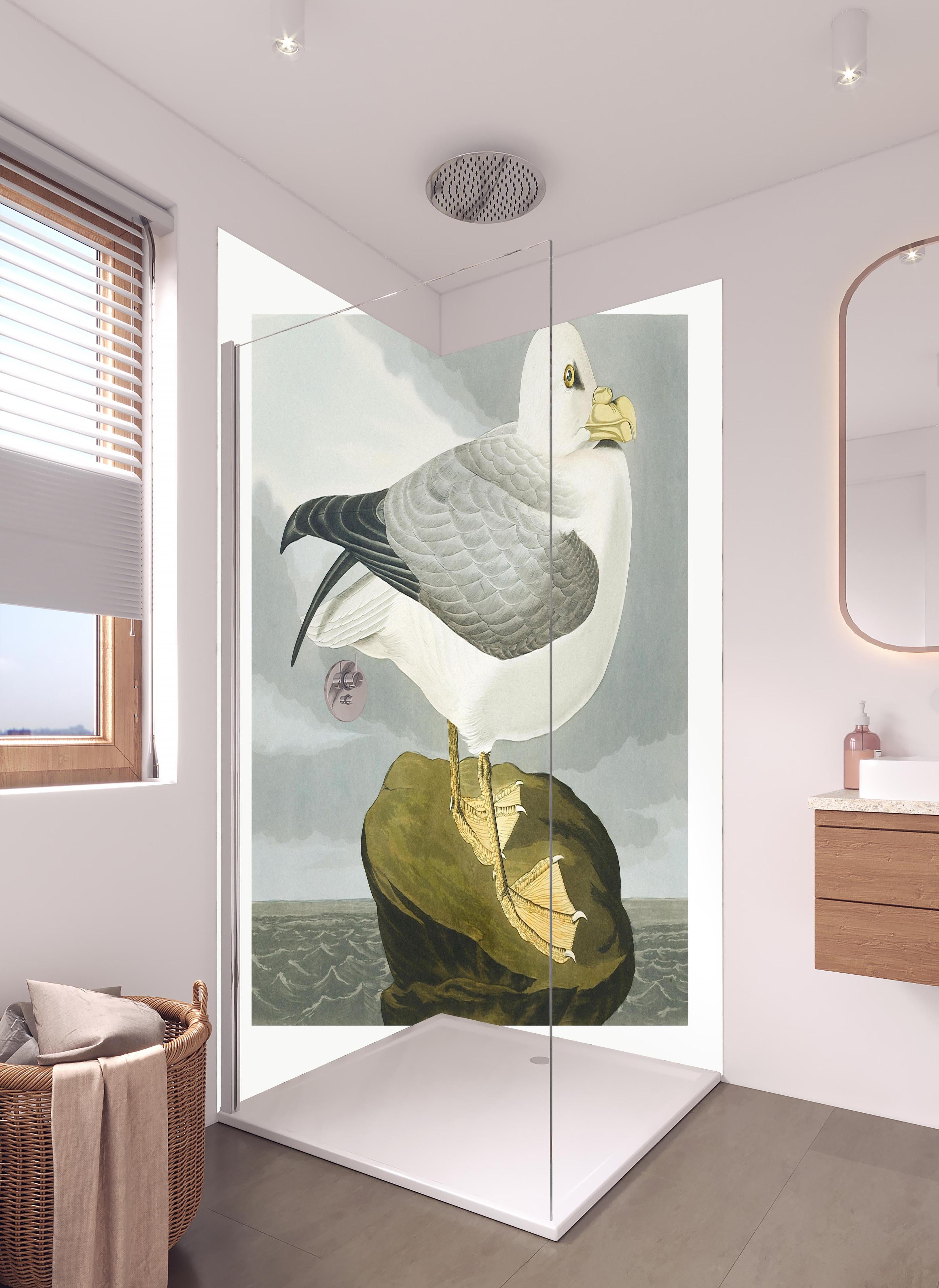 Duschrückwand - Möwe im Meer - Robert Havell in hellem Badezimmer mit Regenduschkopf - zweiteilige Eck-Duschrückwand