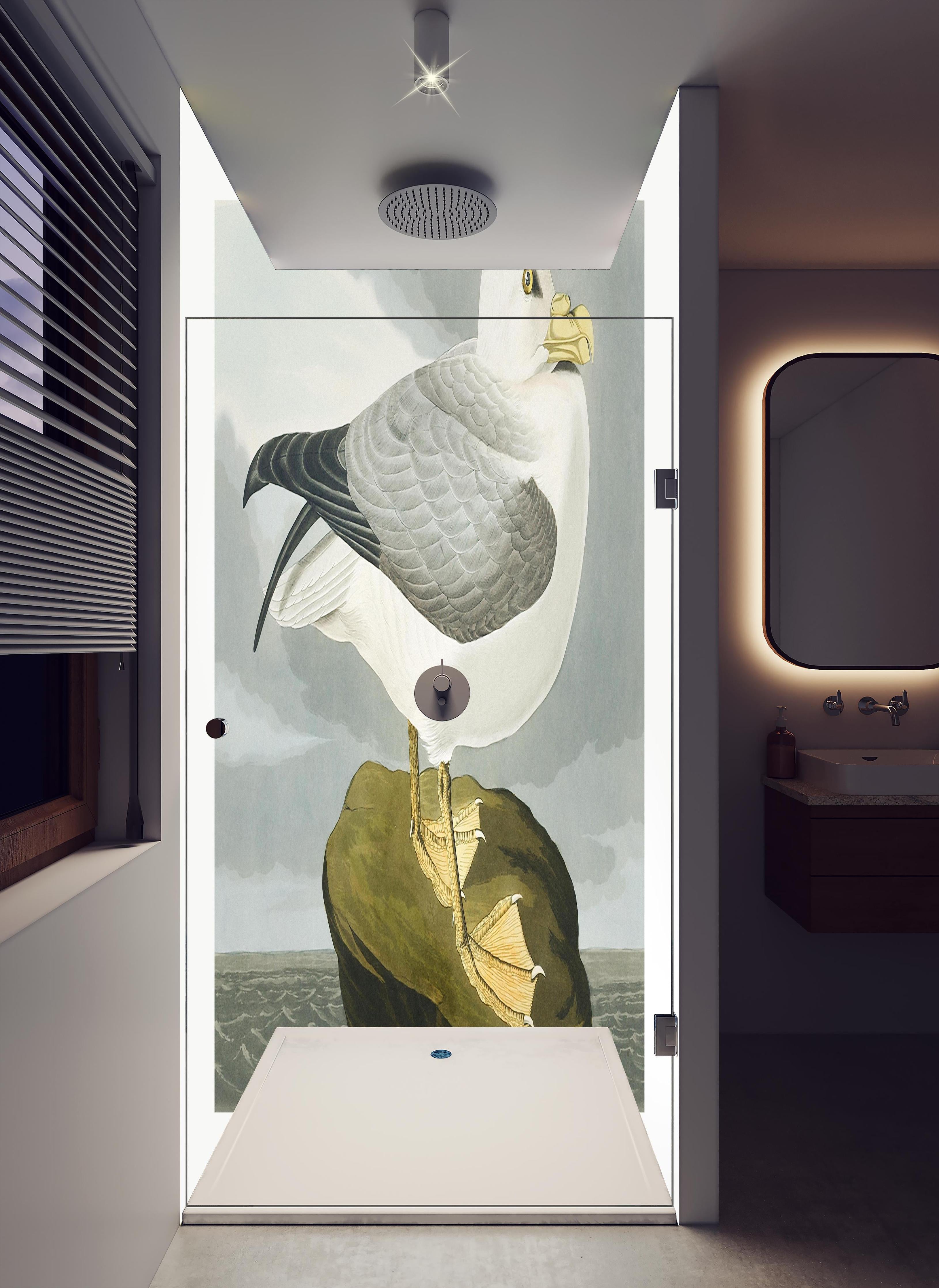 Duschrückwand - Möwe im Meer - Robert Havell in hellem Badezimmer mit Regenduschkopf - zweiteilige Eck-Duschrückwand